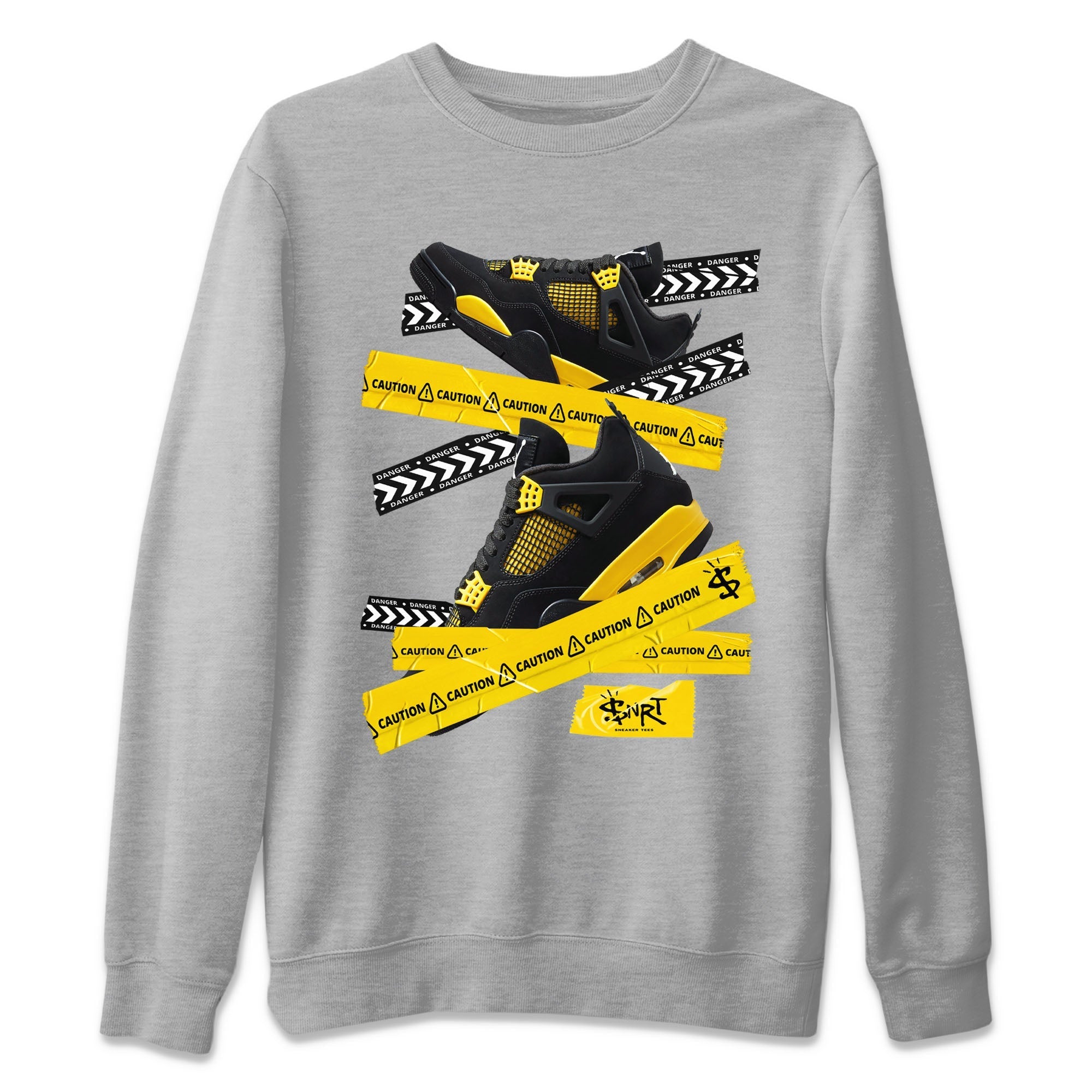 Air Jordan 4 Thunder Sneaker Match Tees Caution Tape Streetwear Sneaker Shirt Air Jordan 4 Retro Thunder Tee Unisex Shirts Heather Grey 2