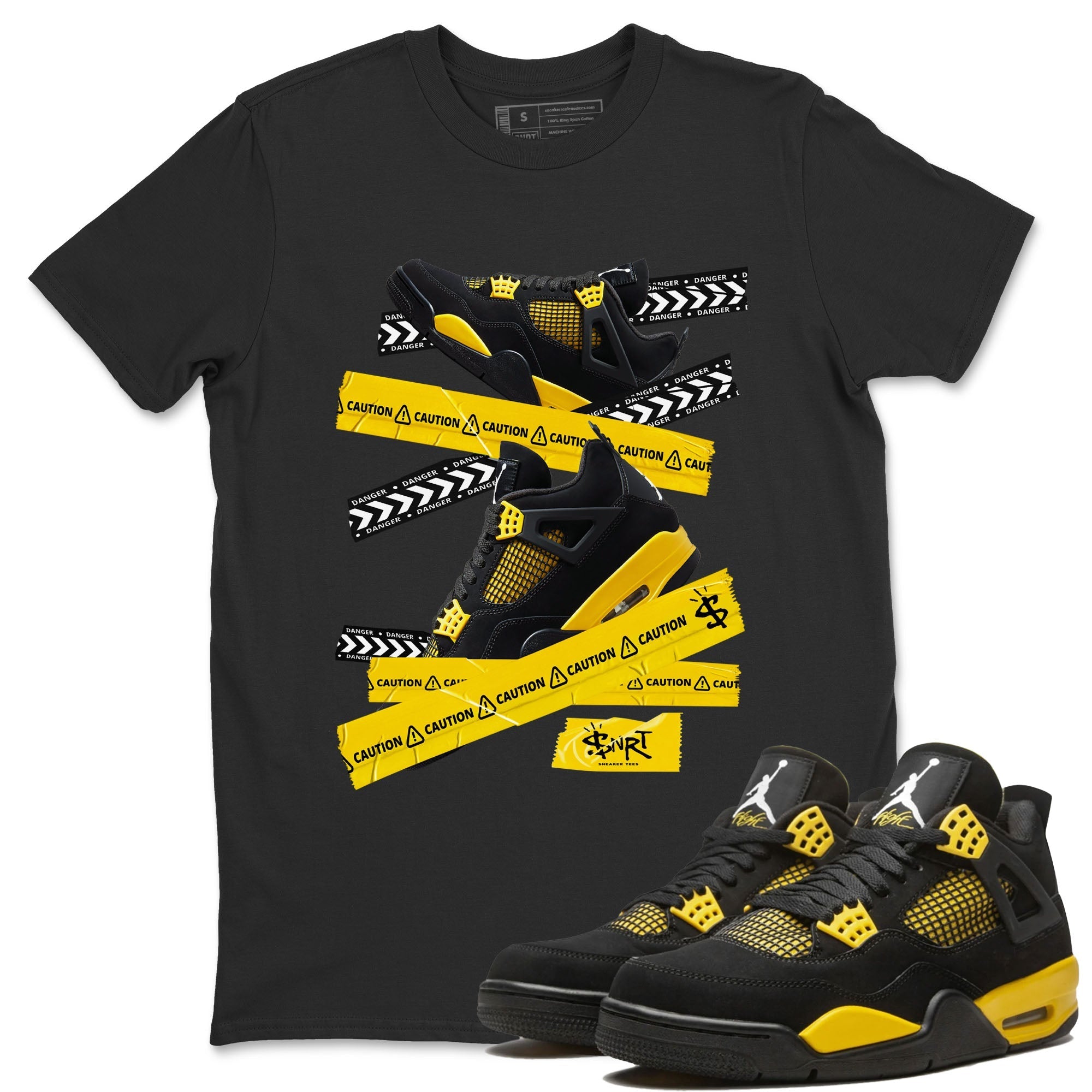 Air Jordan 4 Thunder Sneaker Match Tees Caution Tape Streetwear Sneaker Shirt Air Jordan 4 Retro Thunder Tee Unisex Shirts Black 1