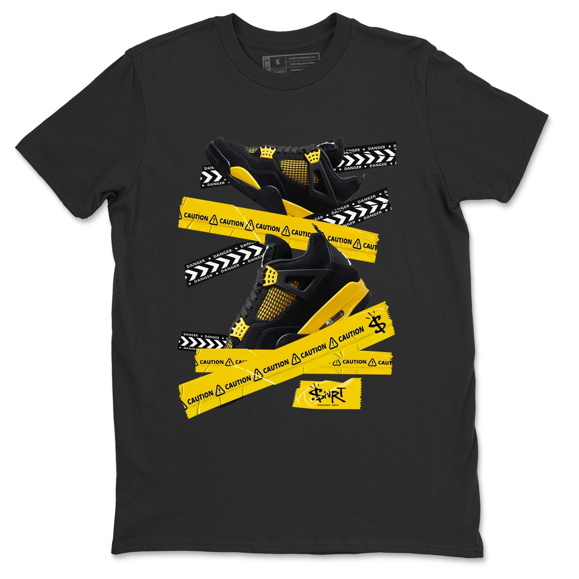 Air Jordan 4 Thunder Sneaker Match Tees Caution Tape Streetwear Sneaker Shirt Air Jordan 4 Retro Thunder Tee Unisex Shirts Black 2