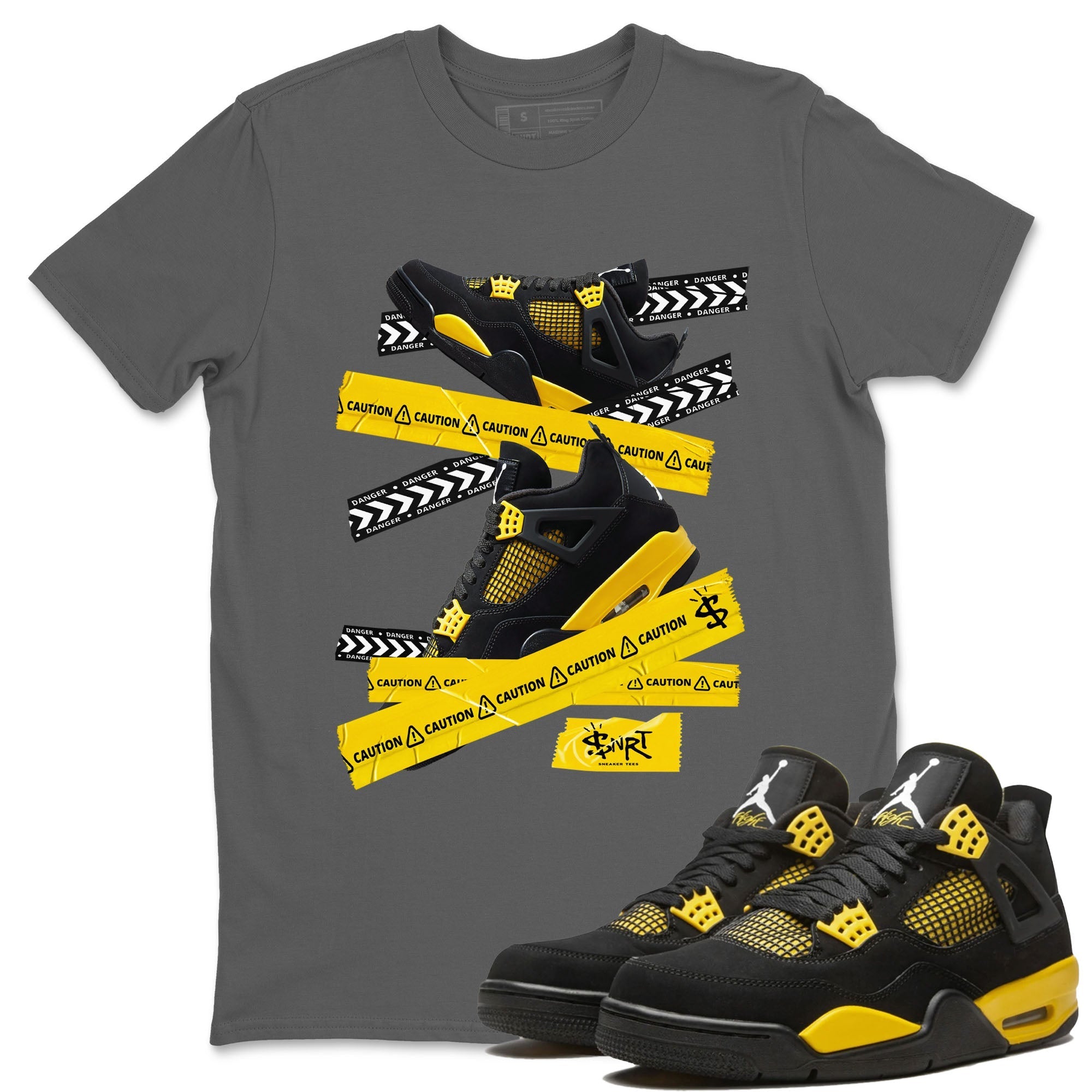 Air Jordan 4 Thunder Sneaker Match Tees Caution Tape Streetwear Sneaker Shirt Air Jordan 4 Retro Thunder Tee Unisex Shirts Cool Grey 1