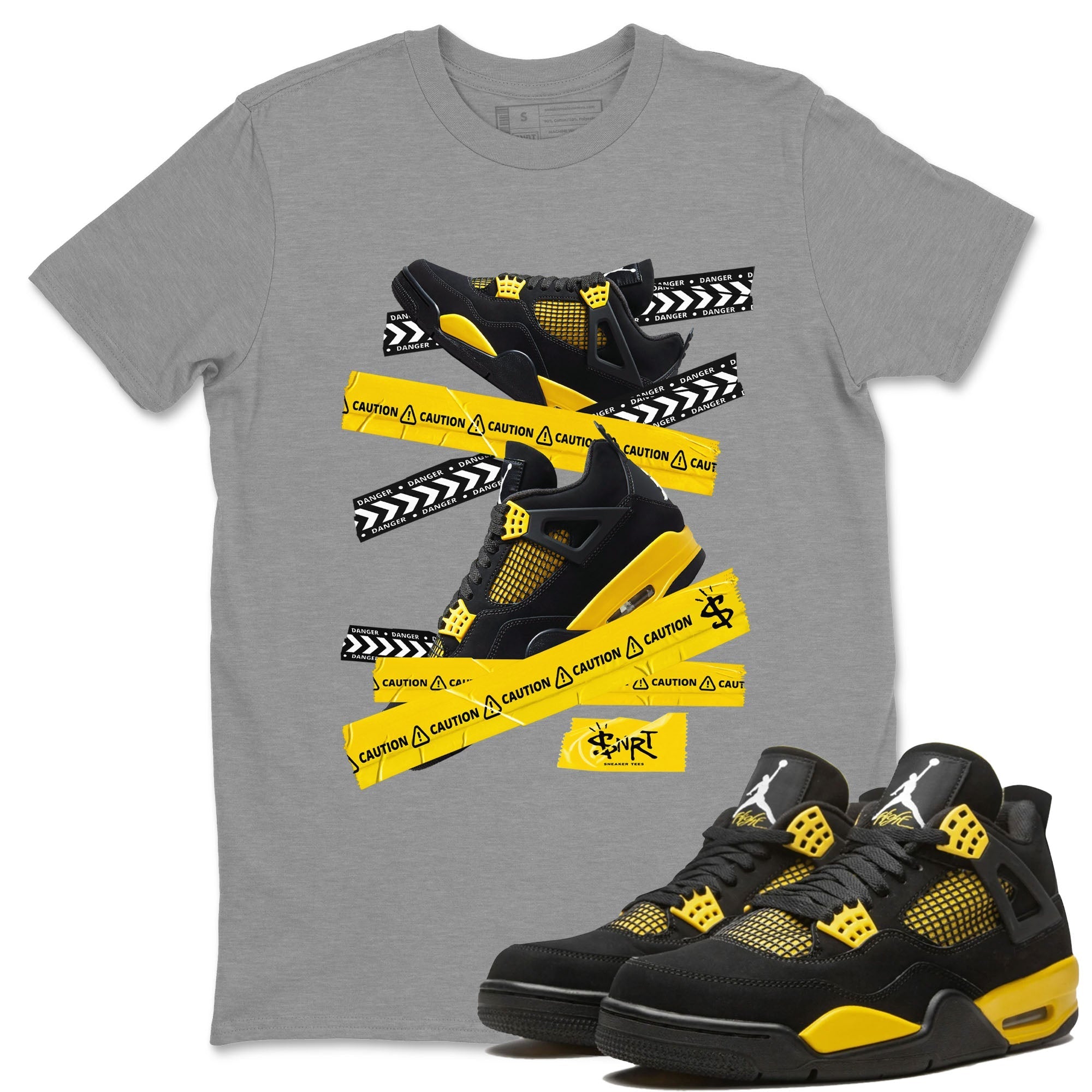 Air Jordan 4 Thunder Sneaker Match Tees Caution Tape Streetwear Sneaker Shirt Air Jordan 4 Retro Thunder Tee Unisex Shirts Heather Grey 1