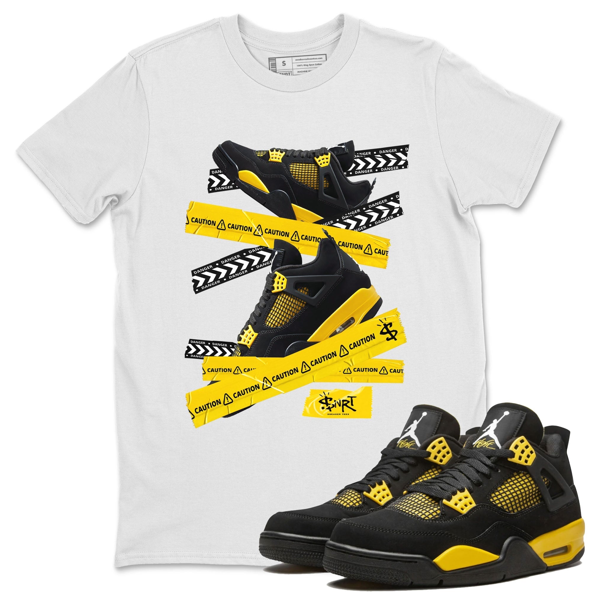 Air Jordan 4 Thunder Sneaker Match Tees Caution Tape Streetwear Sneaker Shirt Air Jordan 4 Retro Thunder Tee Unisex Shirts White 1