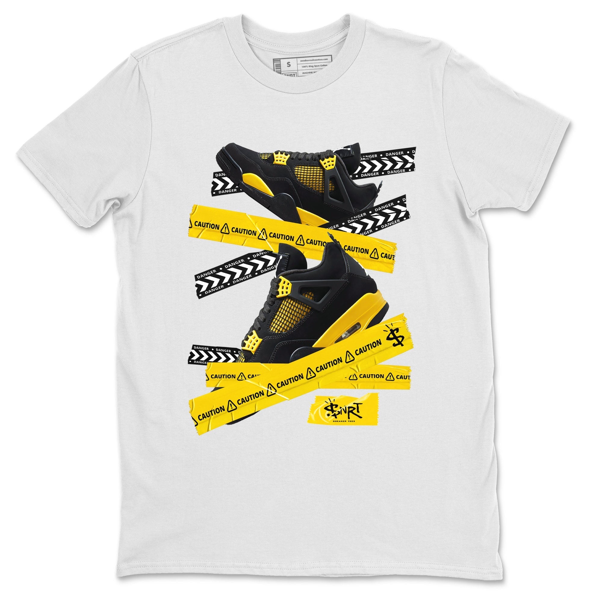 Air Jordan 4 Thunder Sneaker Match Tees Caution Tape Streetwear Sneaker Shirt Air Jordan 4 Retro Thunder Tee Unisex Shirts White 2
