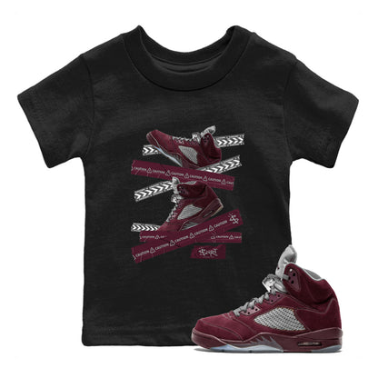 Air Jordan 5 Burgundy Sneaker Match Tees Caution Tape Sneaker Tees AJ5 Burgundy Sneaker Release Tees Kids Shirts Black 1