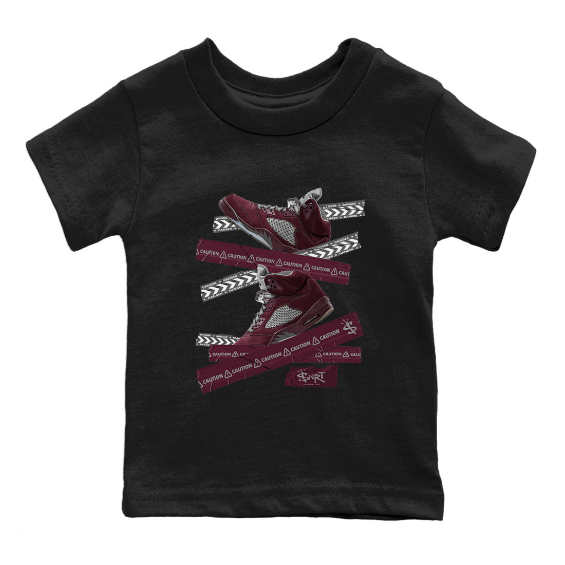 Air Jordan 5 Burgundy Sneaker Match Tees Caution Tape Sneaker Tees AJ5 Burgundy Sneaker Release Tees Kids Shirts Black 2