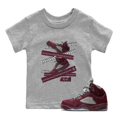 Air Jordan 5 Burgundy Sneaker Match Tees Caution Tape Sneaker Tees AJ5 Burgundy Sneaker Release Tees Kids Shirts Heather Grey 1