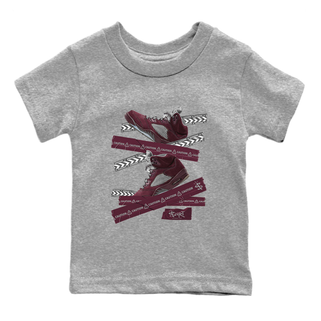 Air Jordan 5 Burgundy Sneaker Match Tees Caution Tape Sneaker Tees AJ5 Burgundy Sneaker Release Tees Kids Shirts Heather Grey 2