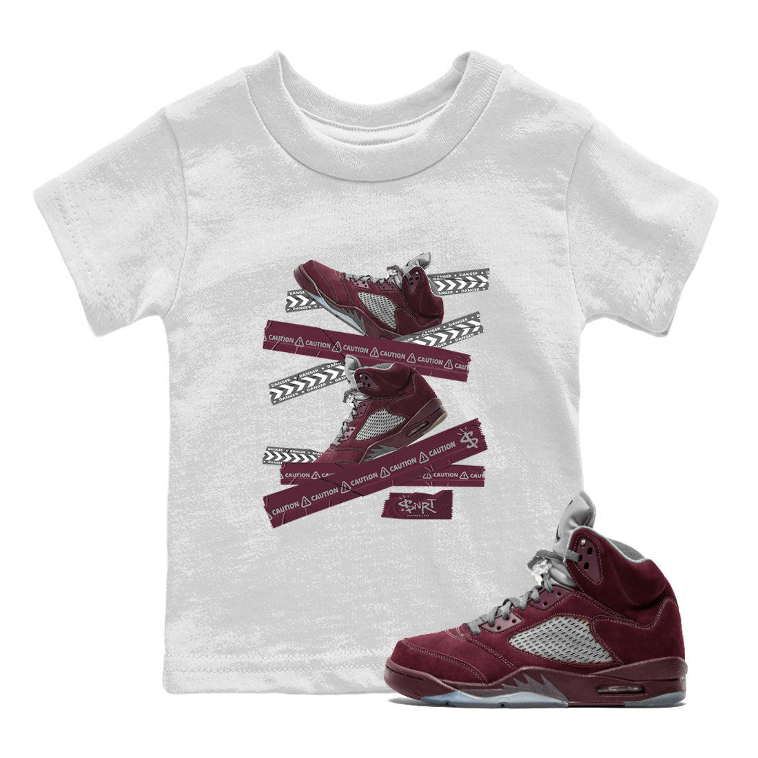 Air Jordan 5 Burgundy Sneaker Match Tees Caution Tape Sneaker Tees AJ5 Burgundy Sneaker Release Tees Kids Shirts White 1