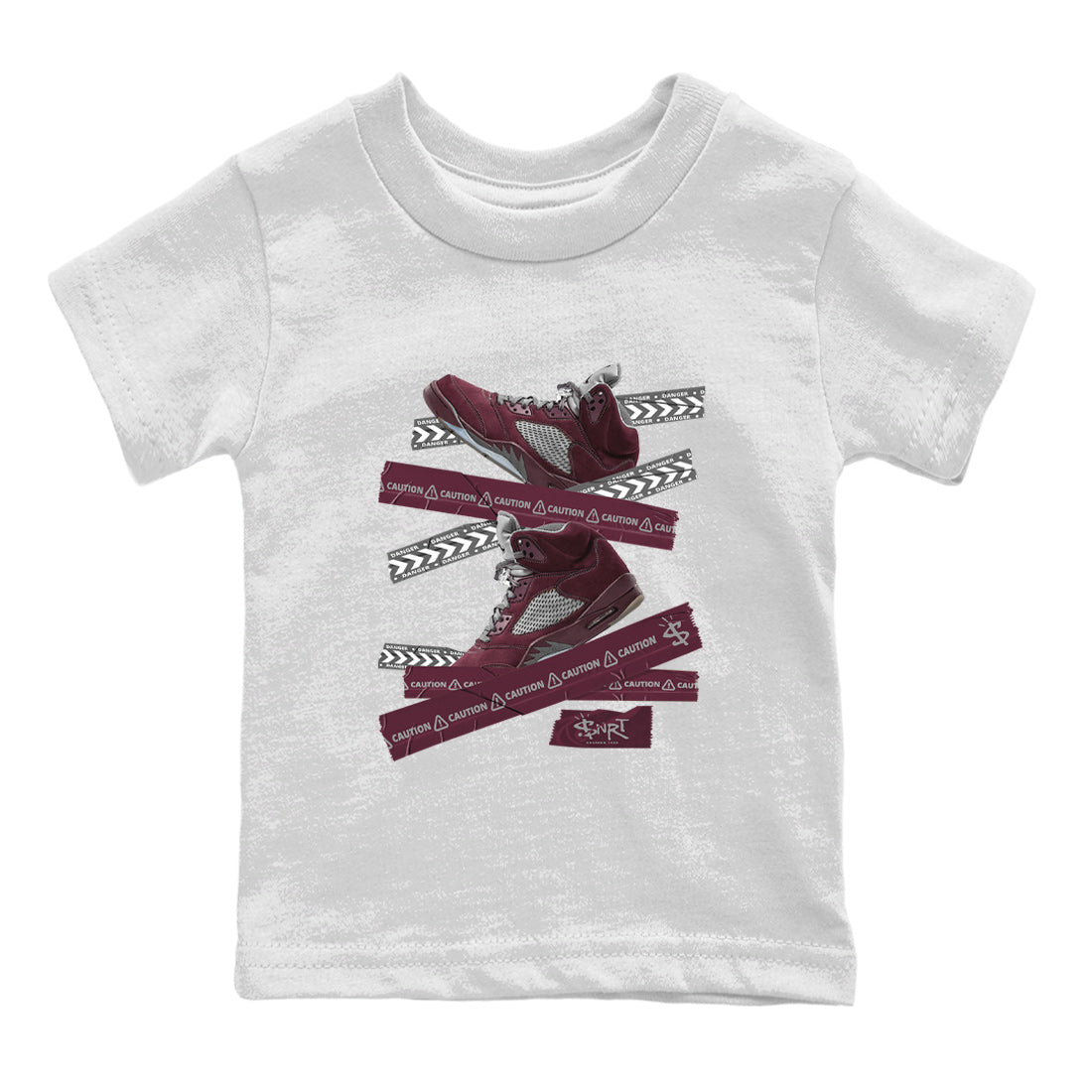 Air Jordan 5 Burgundy Sneaker Match Tees Caution Tape Sneaker Tees AJ5 Burgundy Sneaker Release Tees Kids Shirts White 2