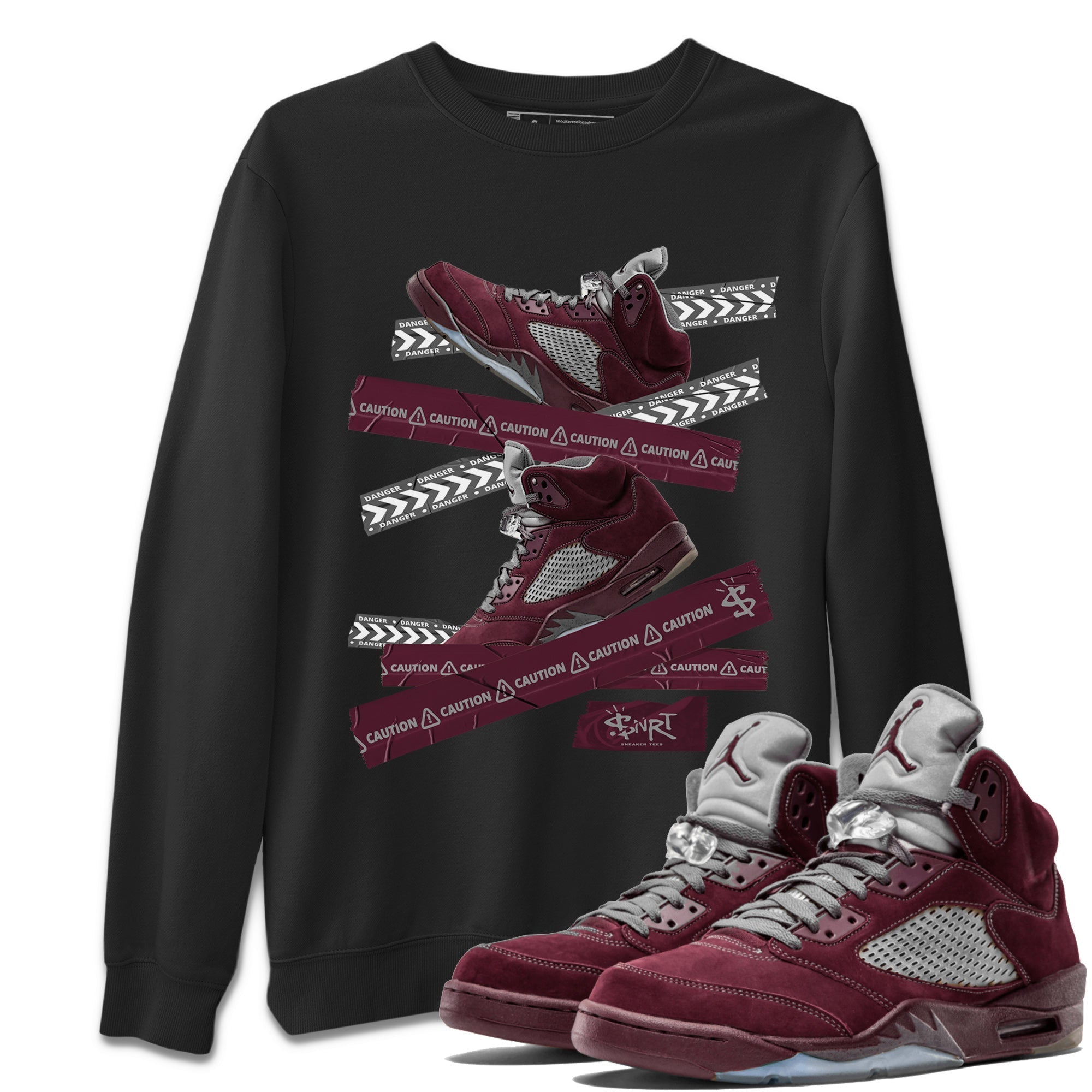 Air Jordan 5 Burgundy Sneaker Match Tees Caution Tape Sneaker Tees AJ5 Burgundy Sneaker Release Tees Unisex Shirts Black 1