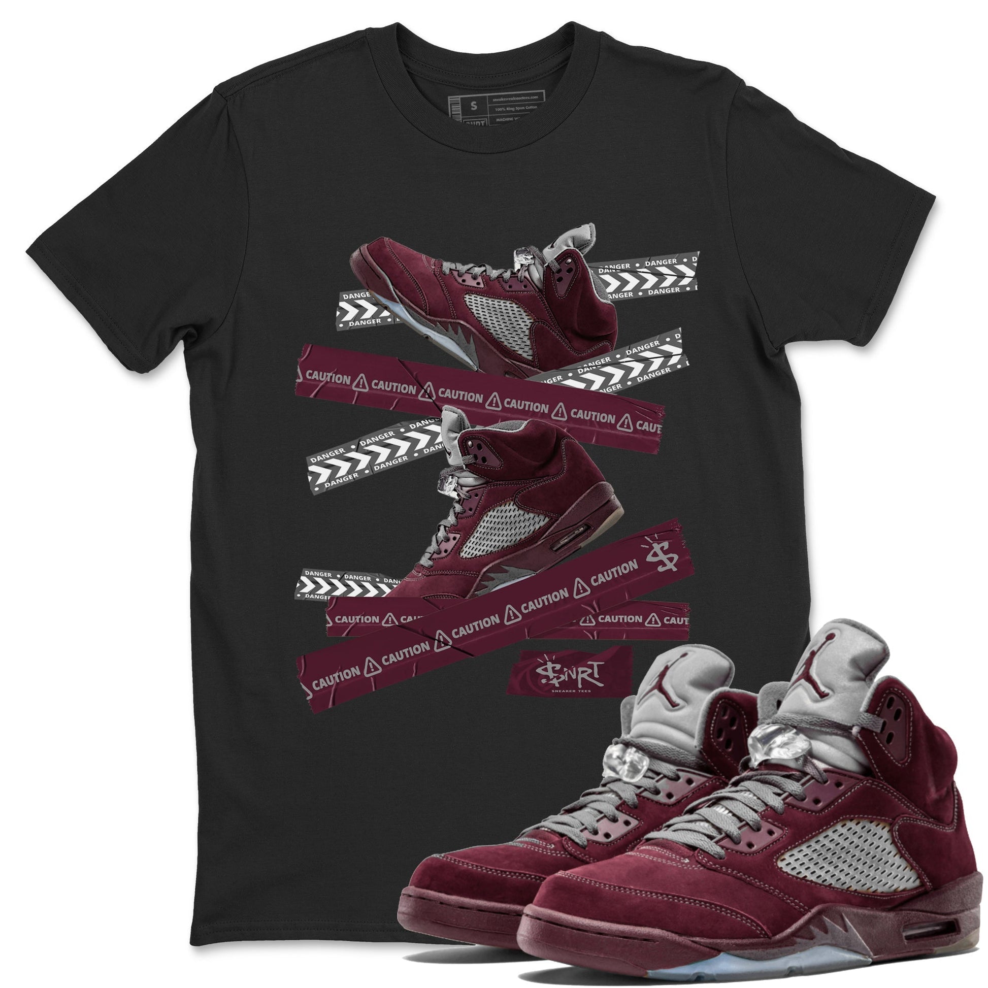Air Jordan 5 Burgundy Sneaker Match Tees Caution Tape Sneaker Tees AJ5 Burgundy Sneaker Release Tees Unisex Shirts Black 1