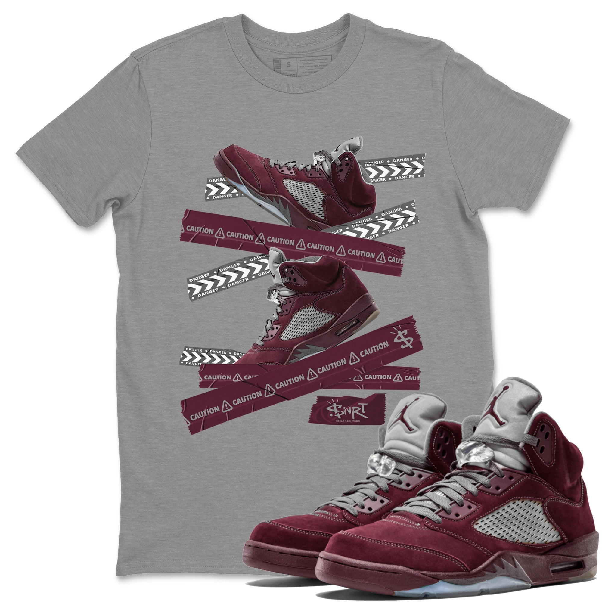 Air Jordan 5 Burgundy Sneaker Match Tees Caution Tape Sneaker Tees AJ5 Burgundy Sneaker Release Tees Unisex Shirts Heather Grey 1