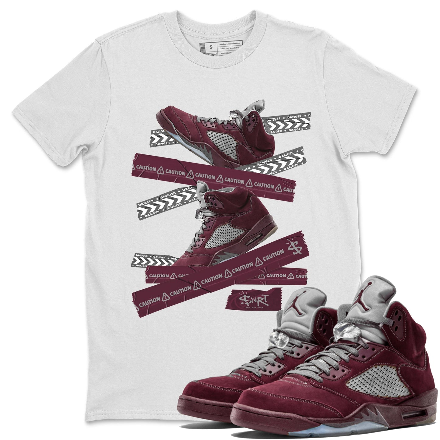 Air Jordan 5 Burgundy Sneaker Match Tees Caution Tape Sneaker Tees AJ5 Burgundy Sneaker Release Tees Unisex Shirts White 1