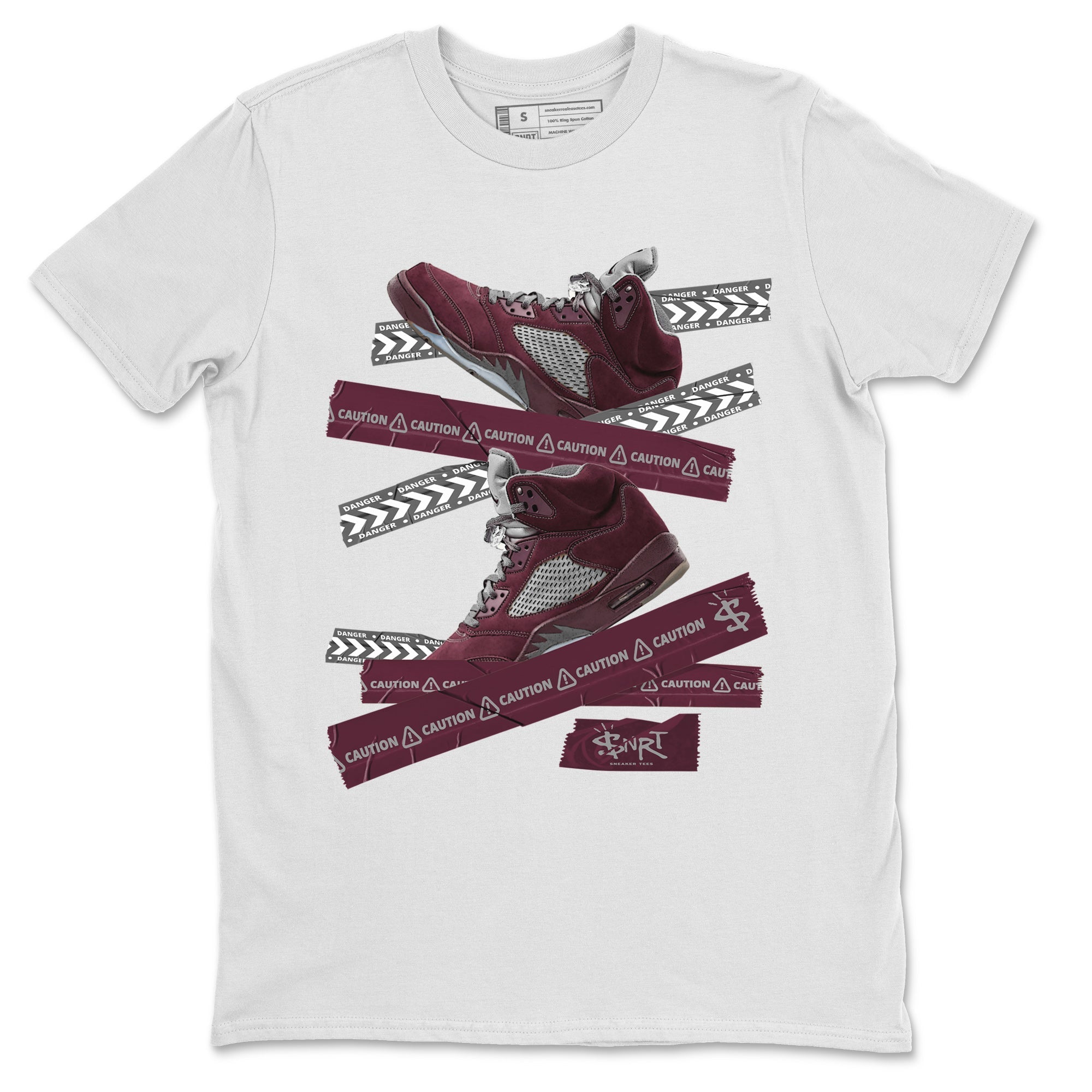 Air Jordan 5 Burgundy Sneaker Match Tees Caution Tape Sneaker Tees AJ5 Burgundy Sneaker Release Tees Unisex Shirts White 2