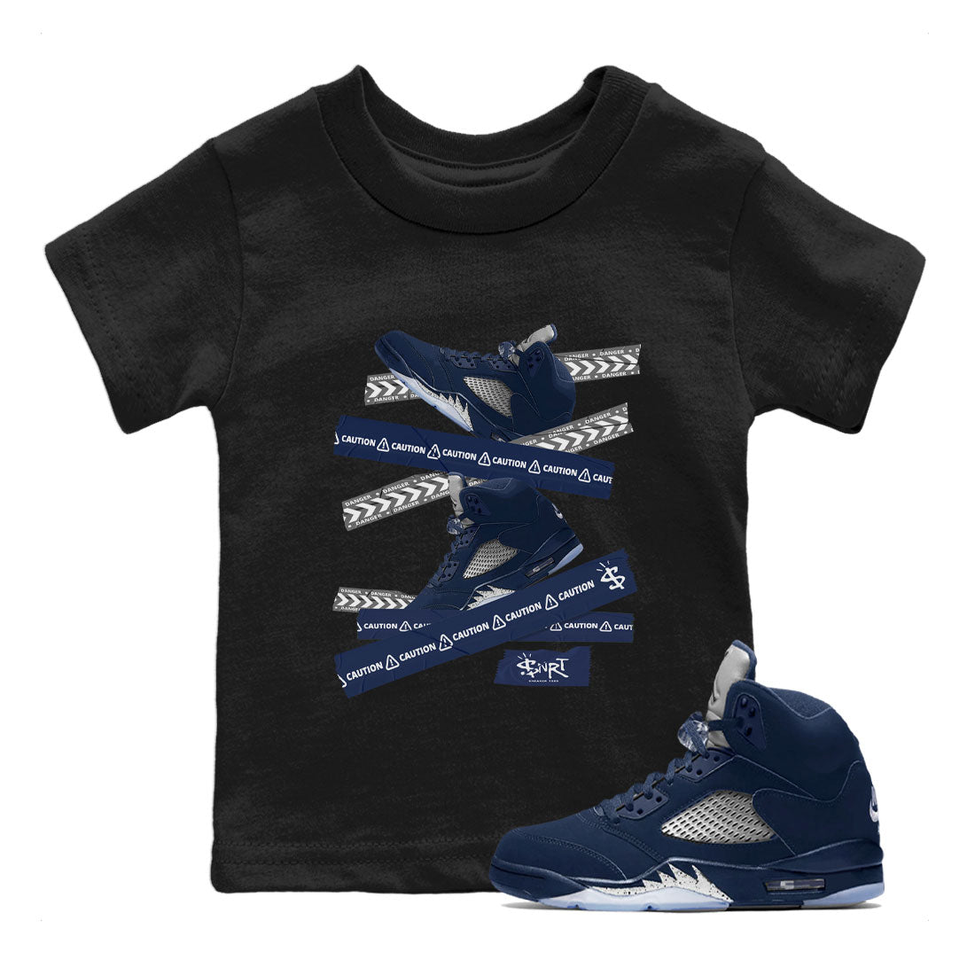 Air Jordan 5 Georgetown Sneaker Match Tees Caution Tape Streetwear Sneaker Shirt 5 Georgetown Drip Gear Zone Sneaker Matching Clothing Navy 5s Kids Shirts Black 1