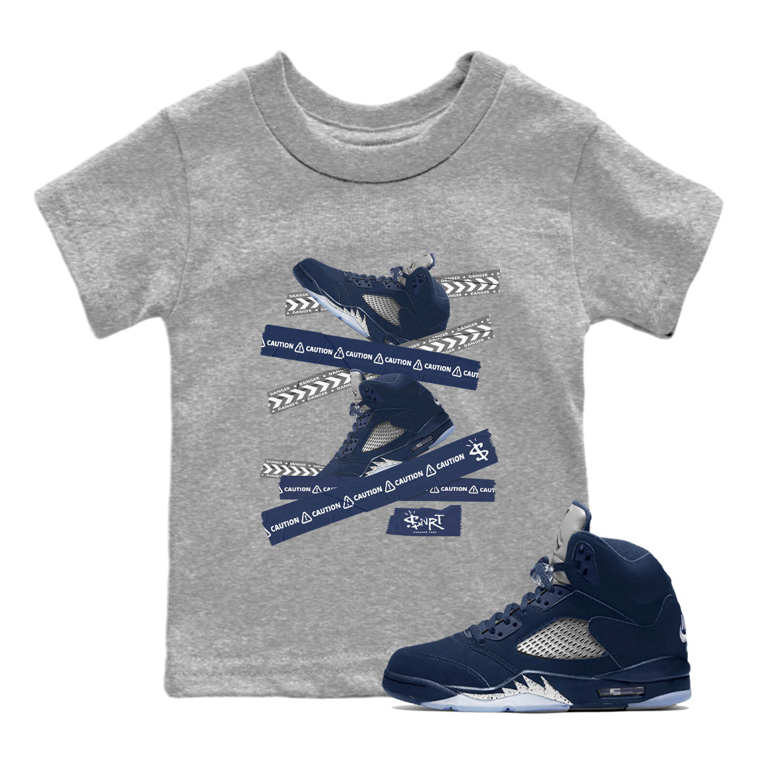 Air Jordan 5 Georgetown Sneaker Match Tees Caution Tape Streetwear Sneaker Shirt 5 Georgetown Drip Gear Zone Sneaker Matching Clothing Navy 5s Kids Shirts Heather Grey 1
