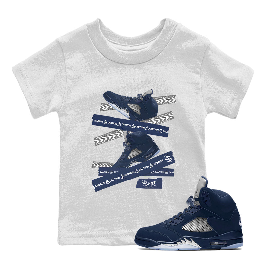 Air Jordan 5 Georgetown Sneaker Match Tees Caution Tape Streetwear Sneaker Shirt 5 Georgetown Drip Gear Zone Sneaker Matching Clothing Navy 5s Kids Shirts White 1