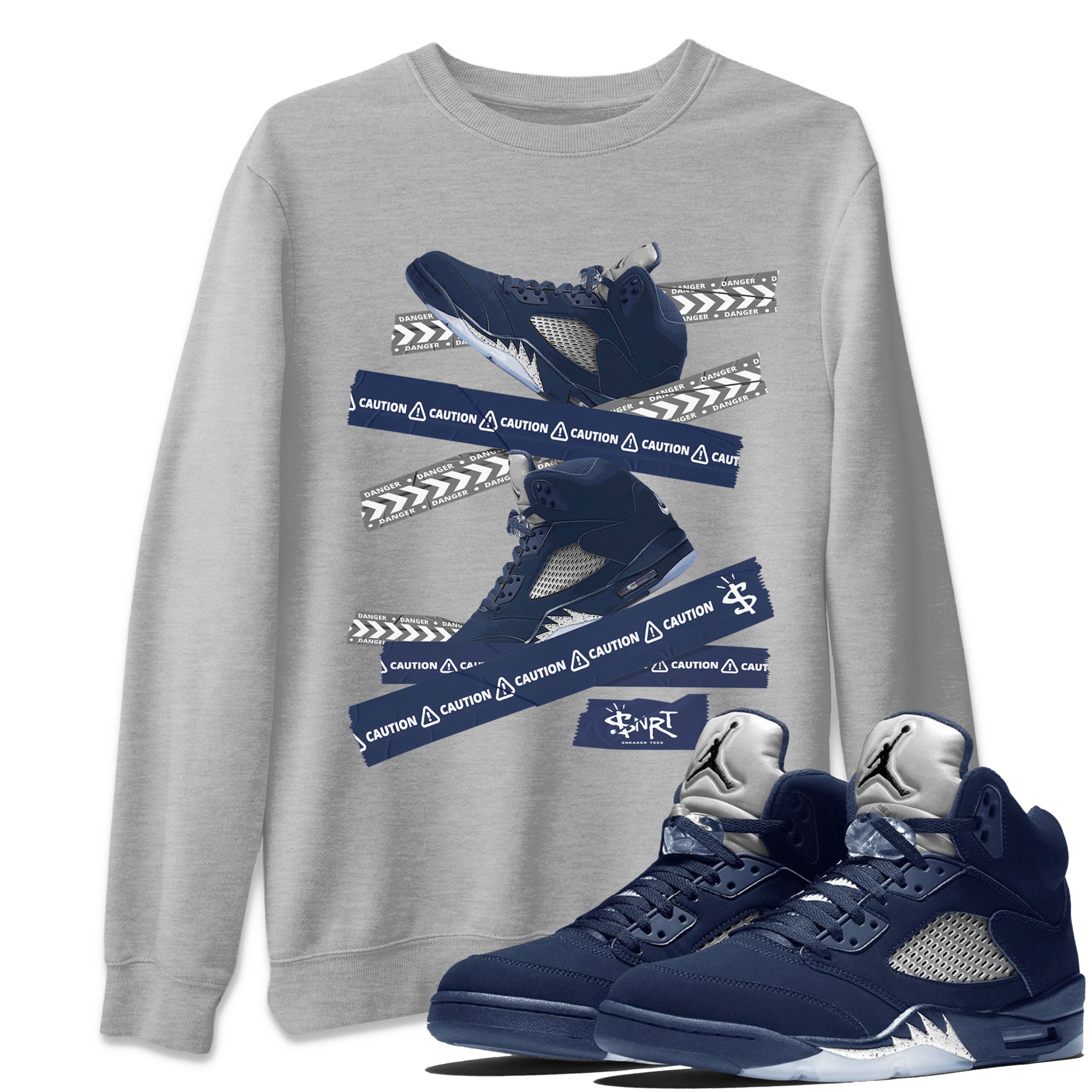 Air Jordan 5 Georgetown Sneaker Match Tees Caution Tape Streetwear Sneaker Shirt 5 Georgetown Drip Gear Zone Sneaker Matching Clothing Navy 5s Unisex Shirts Heather Grey 1
