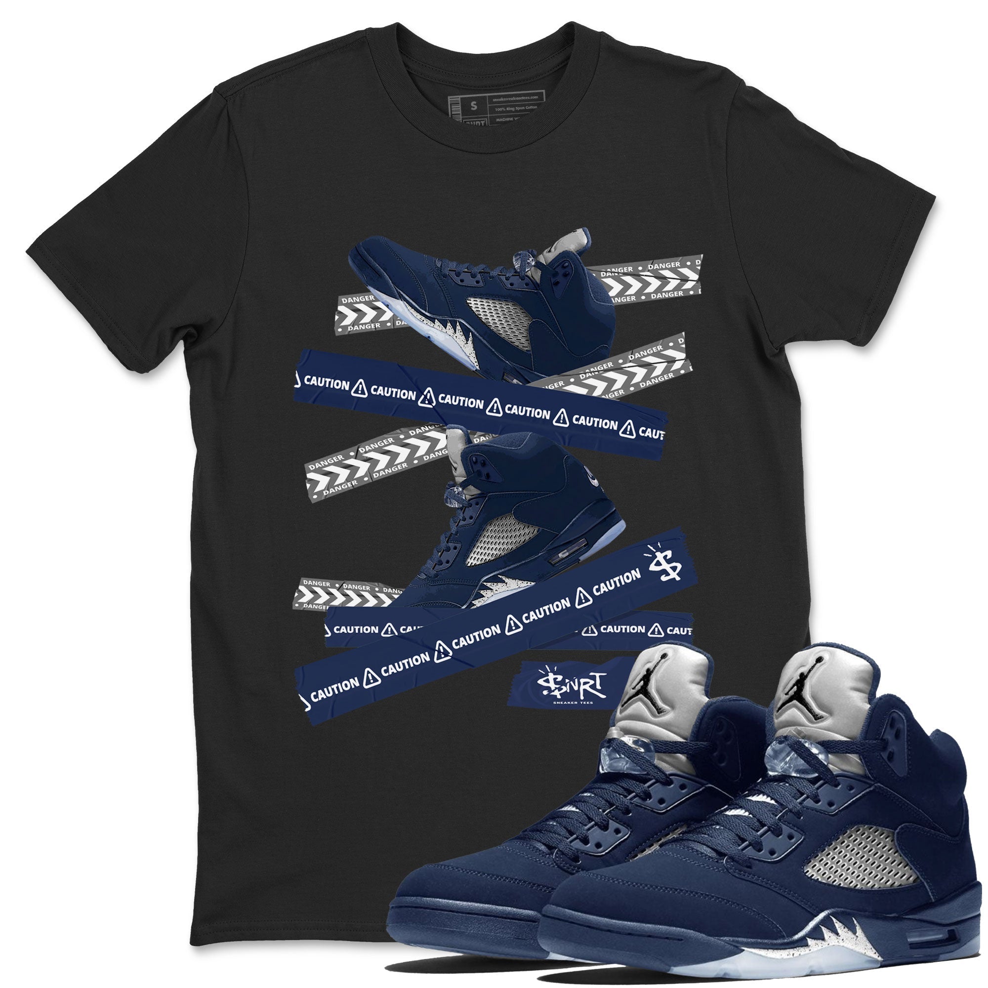 Air Jordan 5 Georgetown Sneaker Match Tees Caution Tape Streetwear Sneaker Shirt 5 Georgetown Drip Gear Zone Sneaker Matching Clothing Navy 5s Unisex Shirts Black 1
