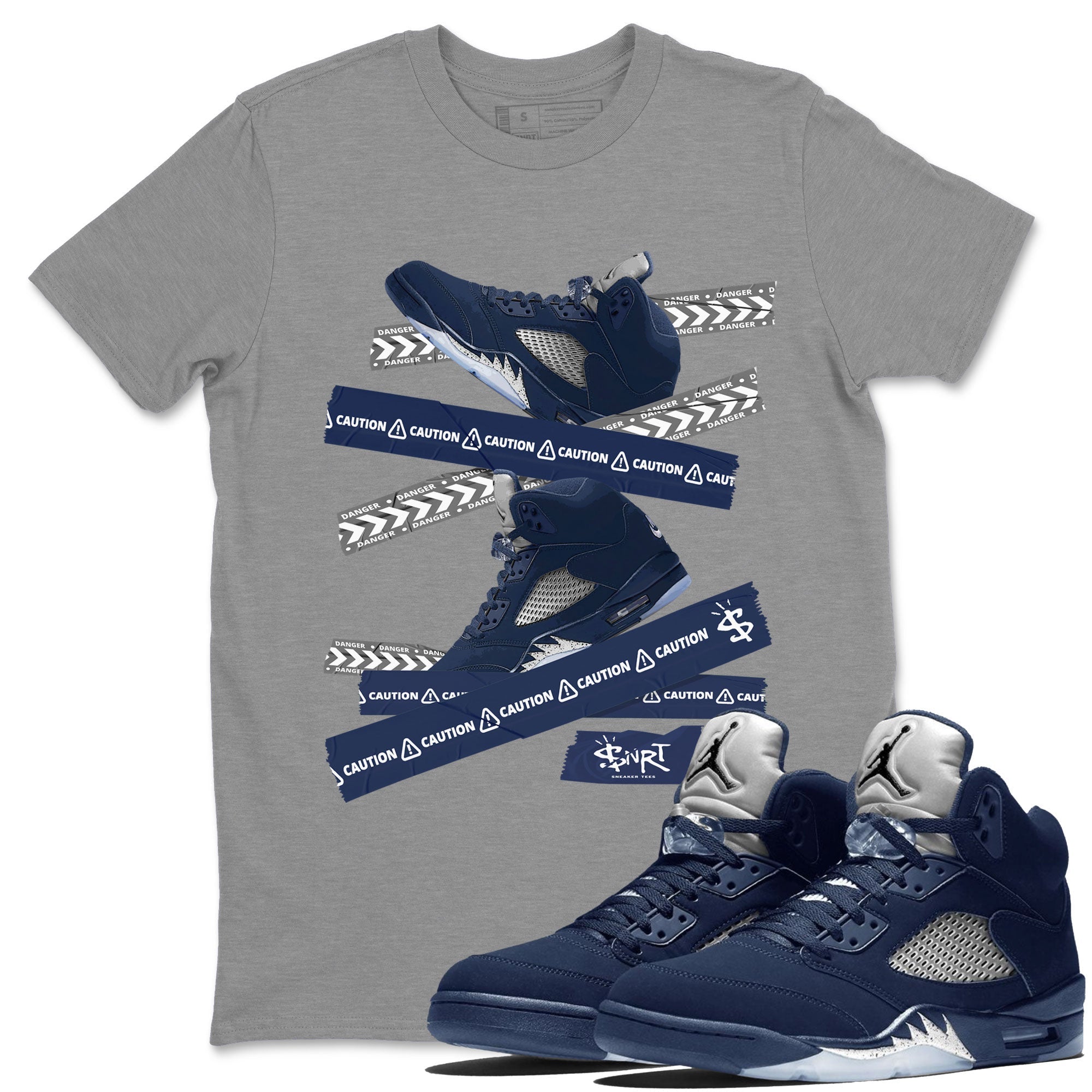 Air Jordan 5 Georgetown Sneaker Match Tees Caution Tape Streetwear Sneaker Shirt 5 Georgetown Drip Gear Zone Sneaker Matching Clothing Navy 5s Unisex Shirts Heather Grey 1