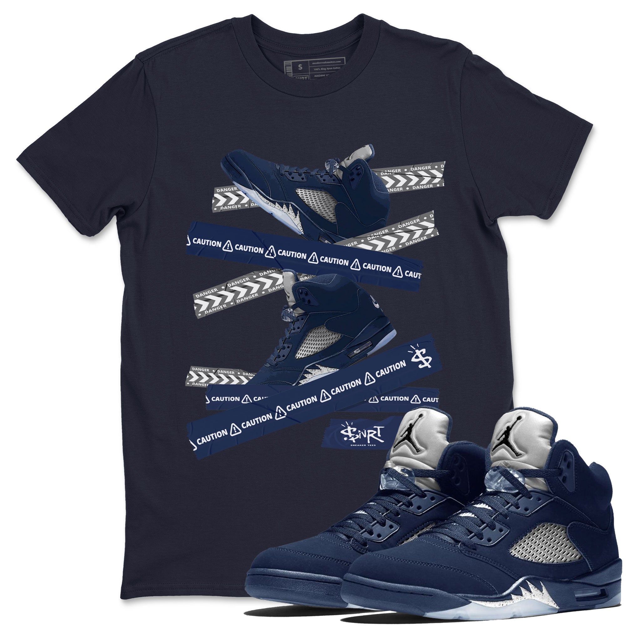 Air Jordan 5 Georgetown Sneaker Match Tees Caution Tape Streetwear Sneaker Shirt 5 Georgetown Drip Gear Zone Sneaker Matching Clothing Navy 5s Unisex Shirts Navy 1