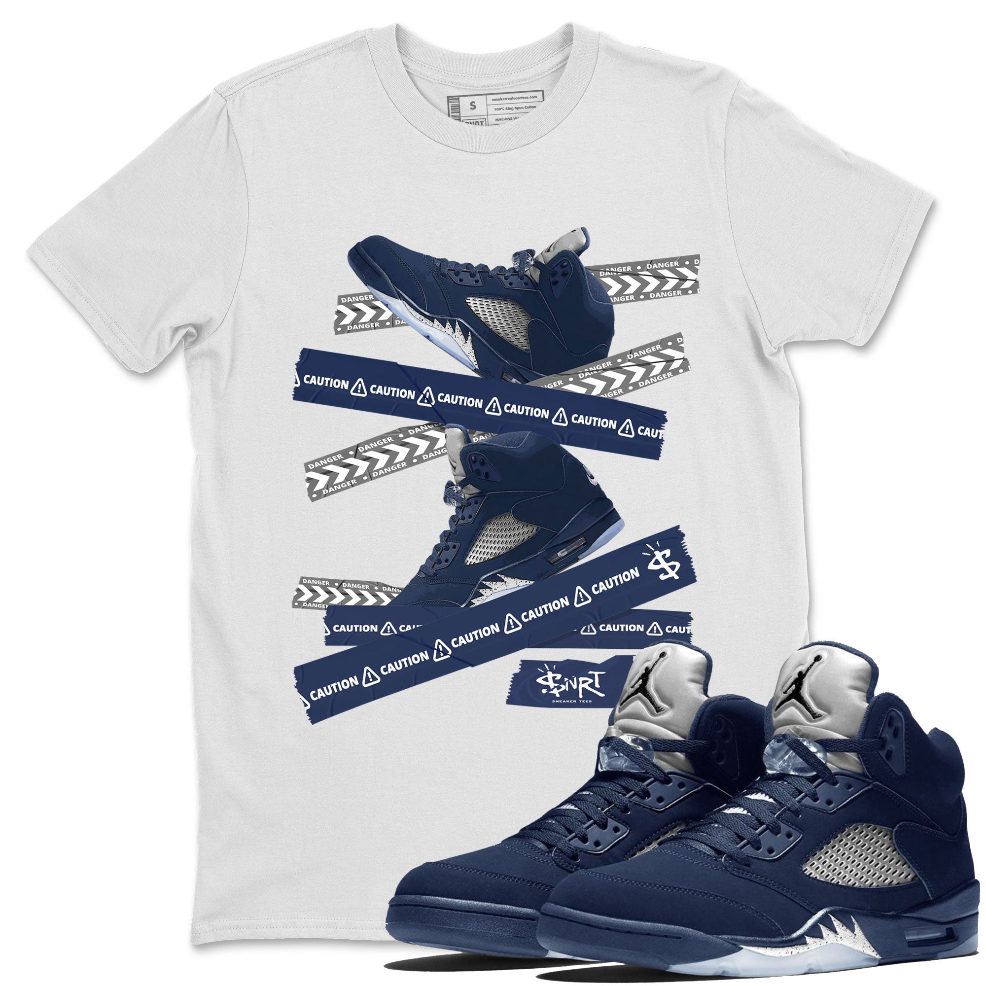 Air Jordan 5 Georgetown Sneaker Match Tees Caution Tape Streetwear Sneaker Shirt 5 Georgetown Drip Gear Zone Sneaker Matching Clothing Navy 5s Unisex Shirts White 1