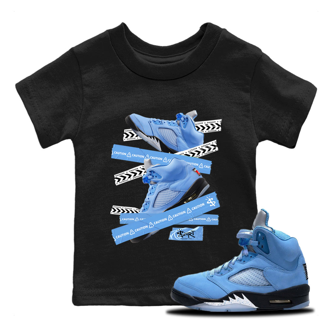 Air Jordan 5 UNC Shirt To Match Jordans Caution Tape Sneaker Tees Air Jordan 5 Retro UNC Drip Gear Zone Sneaker Matching Clothing Kids Shirts Black 1
