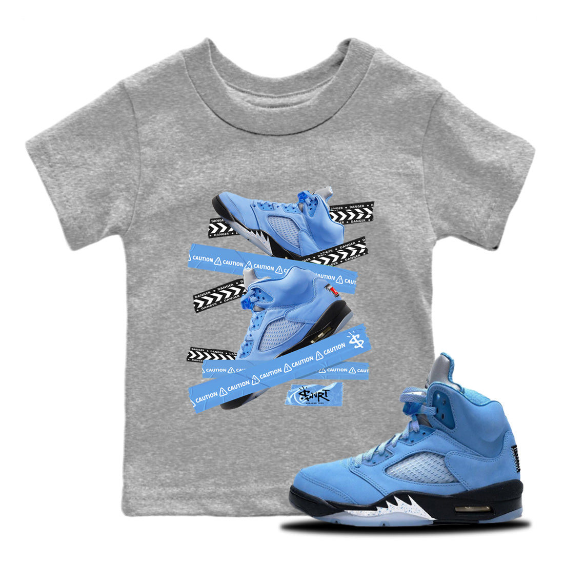 Air Jordan 5 UNC Caution Tape Baby and Kids Sneaker Tees Air Jordan 5 Retro UNC Kids Sneaker Tees Size Chart