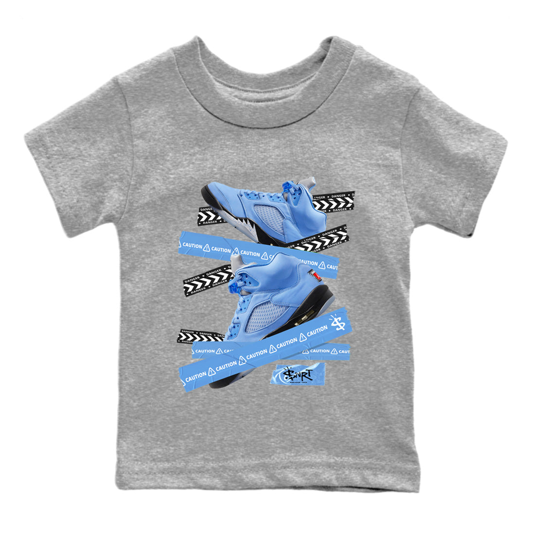 Air Jordan 5 UNC Shirt To Match Jordans Caution Tape Sneaker Tees Air Jordan 5 Retro UNC Drip Gear Zone Sneaker Matching Clothing Kids Shirts Heather Grey 2