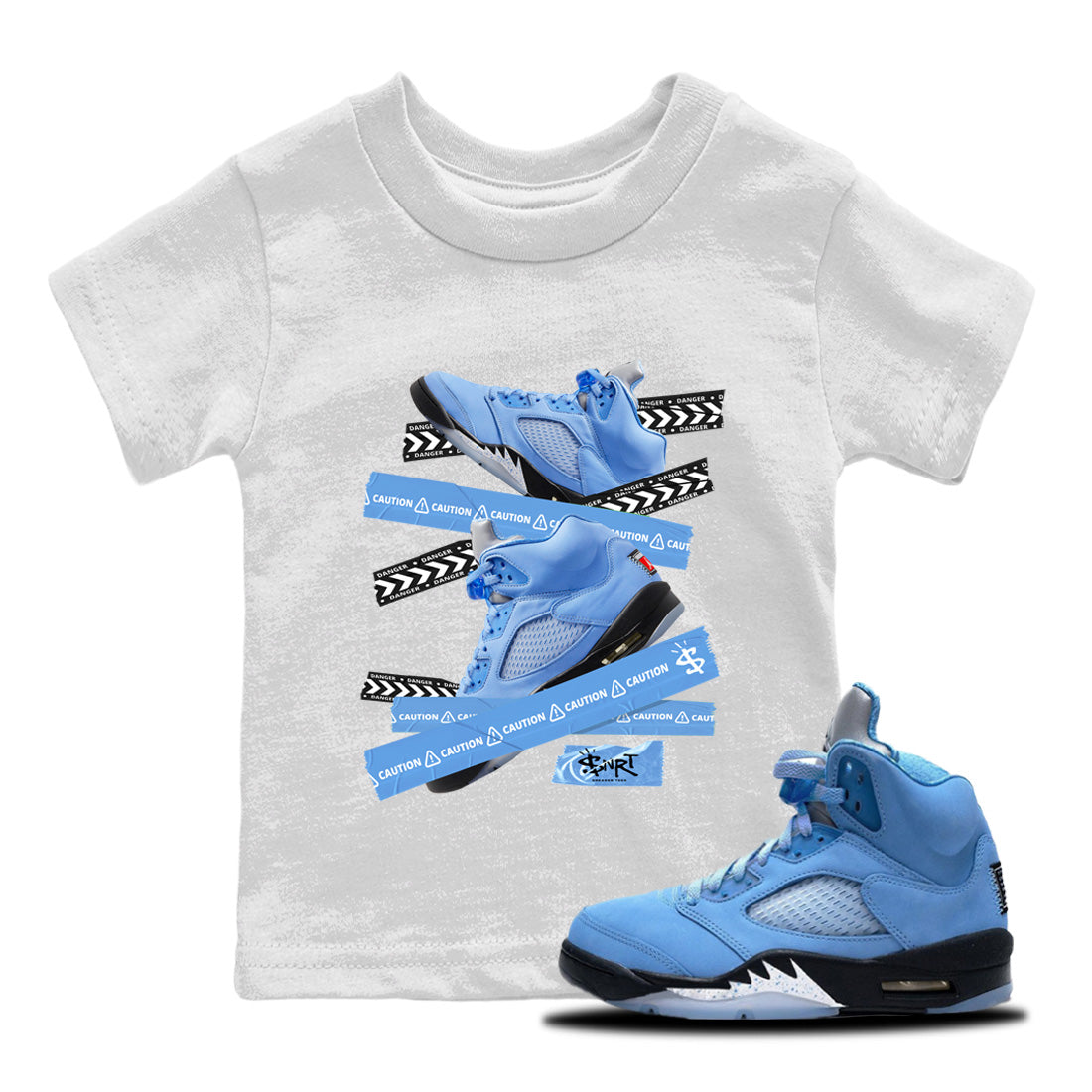 Air Jordan 5 UNC Shirt To Match Jordans Caution Tape Sneaker Tees Air Jordan 5 Retro UNC Drip Gear Zone Sneaker Matching Clothing Kids Shirts White 1