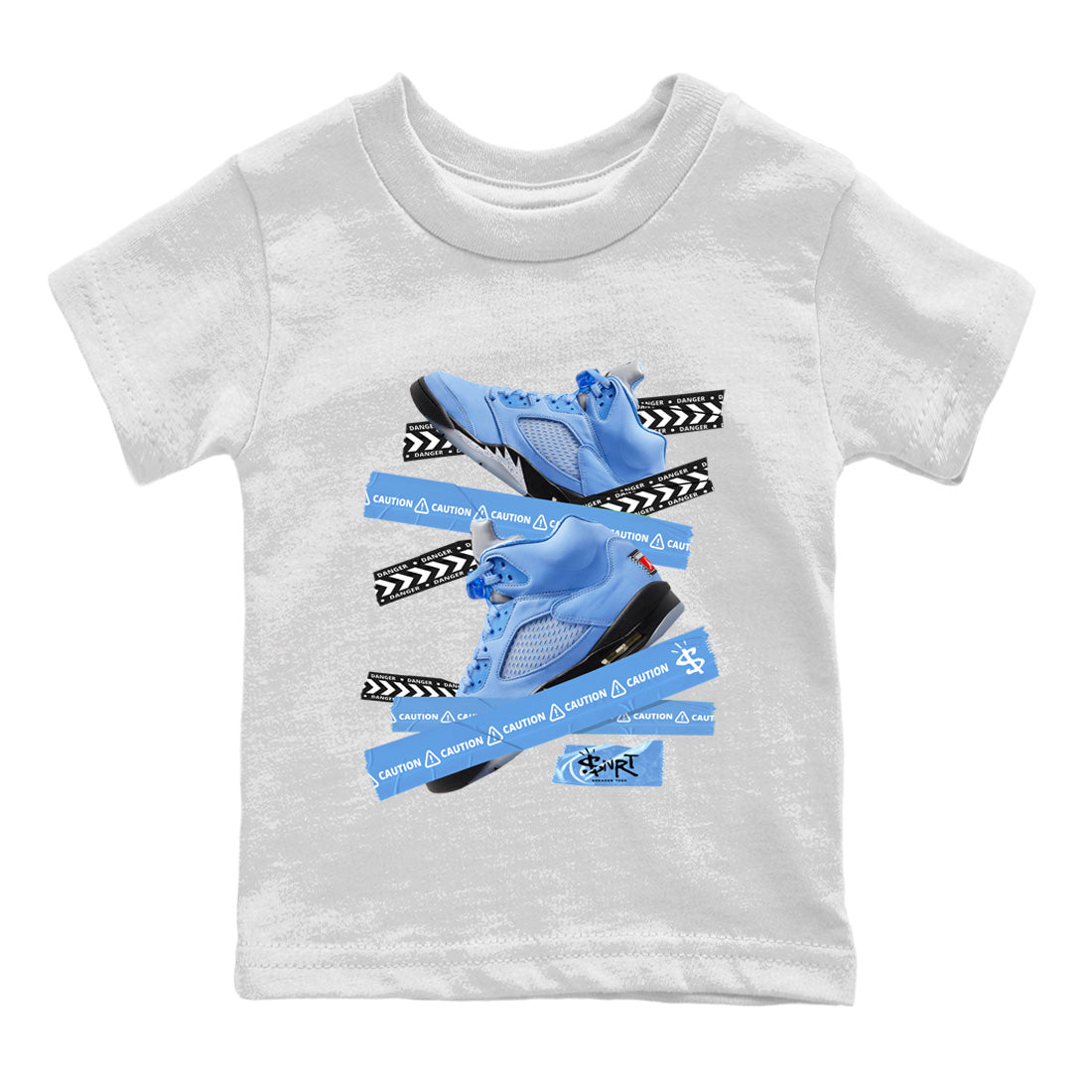 Air Jordan 5 UNC Shirt To Match Jordans Caution Tape Sneaker Tees Air Jordan 5 Retro UNC Drip Gear Zone Sneaker Matching Clothing Kids Shirts White 2