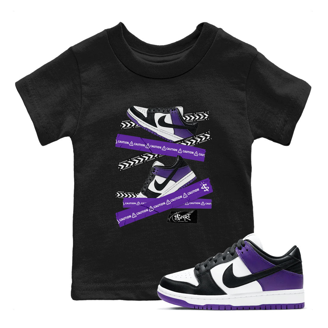 Caution Tape sneaker match tees to Court Purple Dunks street fashion brand for shirts to match Jordans Drip Gear Zone Dunk Low Court Purple unisex t-shirt Black 1 youth shirt