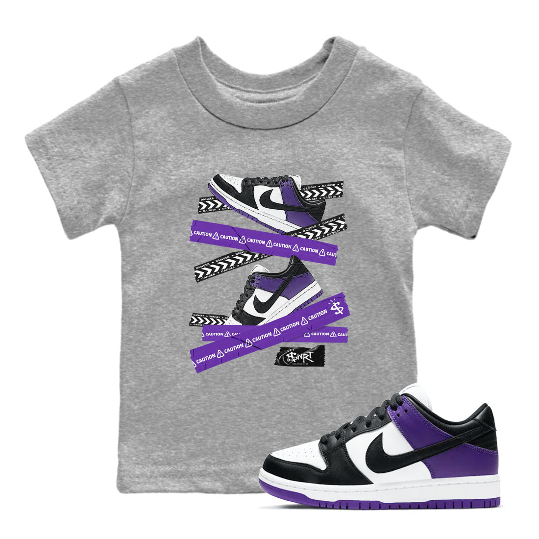 Caution Tape sneaker match tees to Court Purple Dunks street fashion brand for shirts to match Jordans Drip Gear Zone Dunk Low Court Purple unisex t-shirt Heather Grey 1 youth shirt