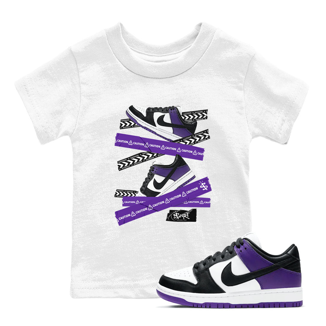Caution Tape sneaker match tees to Court Purple Dunks street fashion brand for shirts to match Jordans Drip Gear Zone Dunk Low Court Purple unisex t-shirt White 1 youth shirt