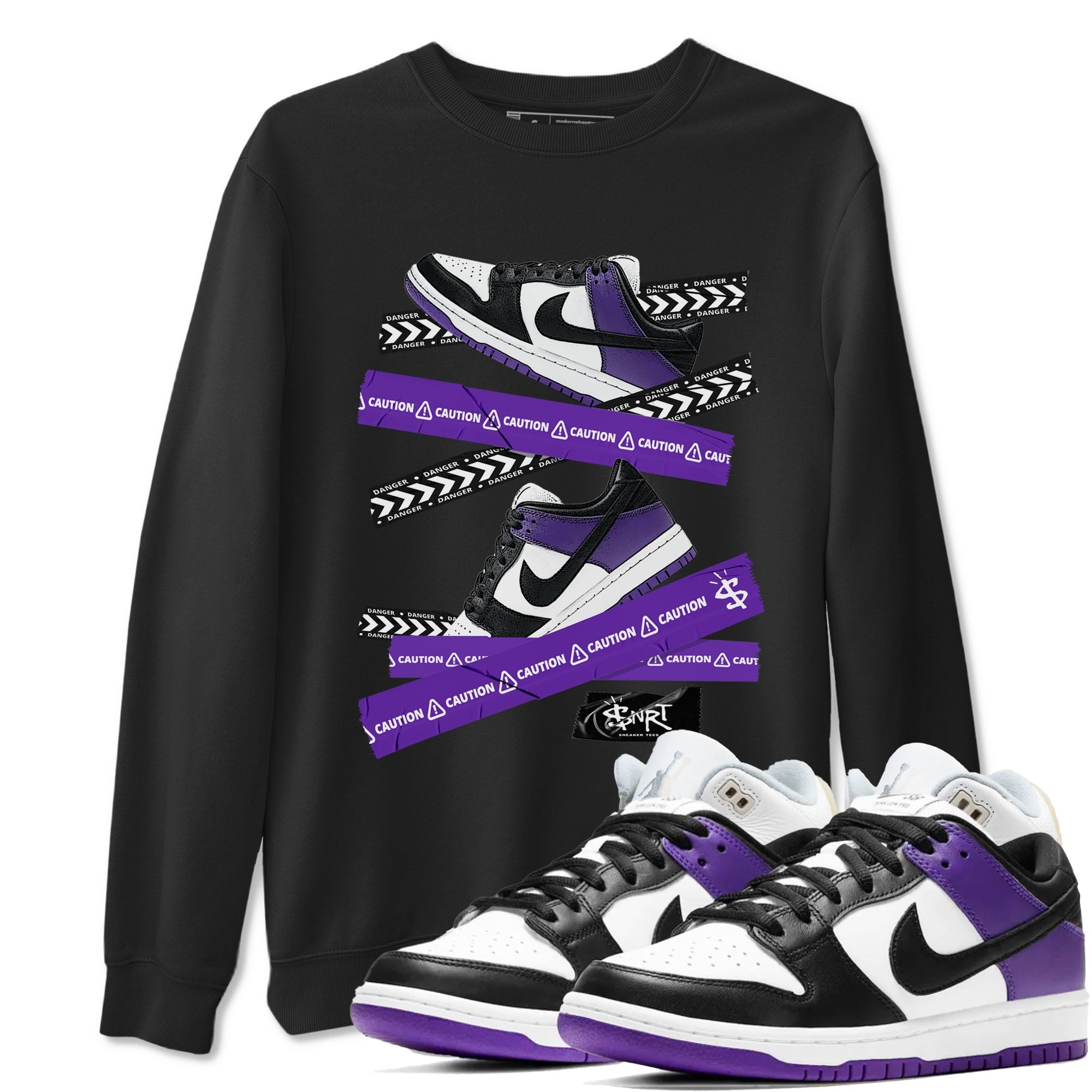 Caution Tape sneaker match tees to Court Purple Dunks street fashion brand for shirts to match Jordans Drip Gear Zone Dunk Low Court Purple unisex t-shirt Black 1 unisex shirt