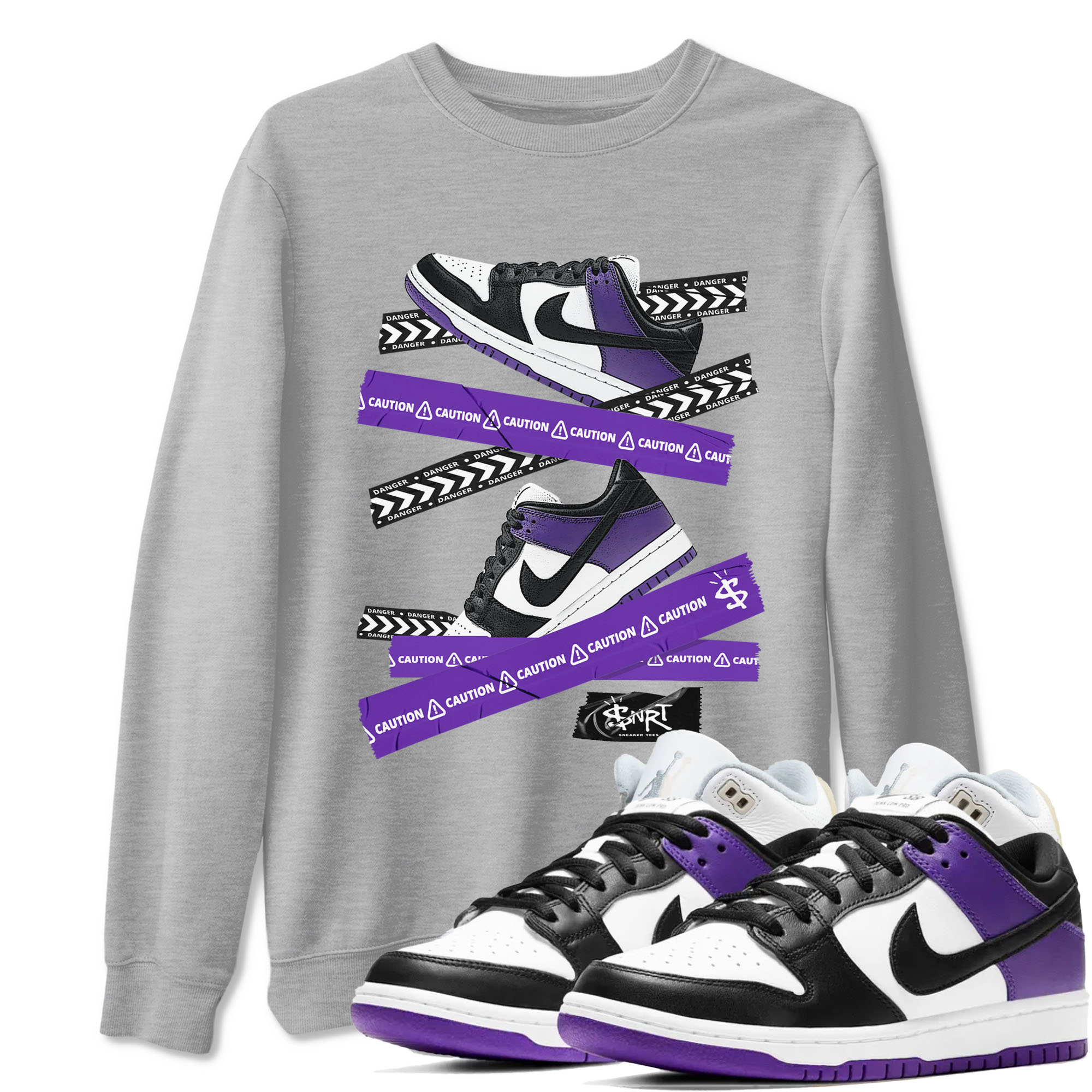Caution Tape sneaker match tees to Court Purple Dunks street fashion brand for shirts to match Jordans Drip Gear Zone Dunk Low Court Purple unisex t-shirt Heather Grey 1 unisex shirt