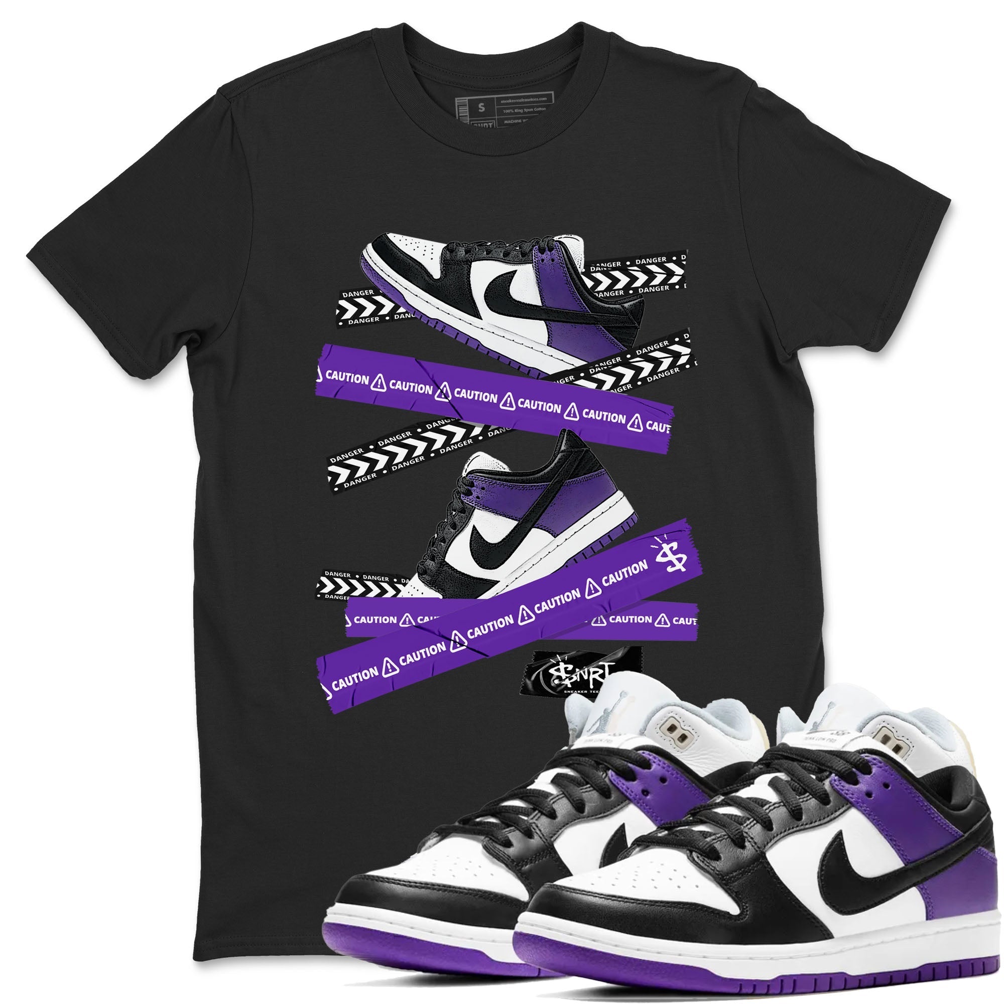 Caution Tape sneaker match tees to Court Purple Dunks street fashion brand for shirts to match Jordans Drip Gear Zone Dunk Low Court Purple unisex t-shirt Black 1 unisex shirt