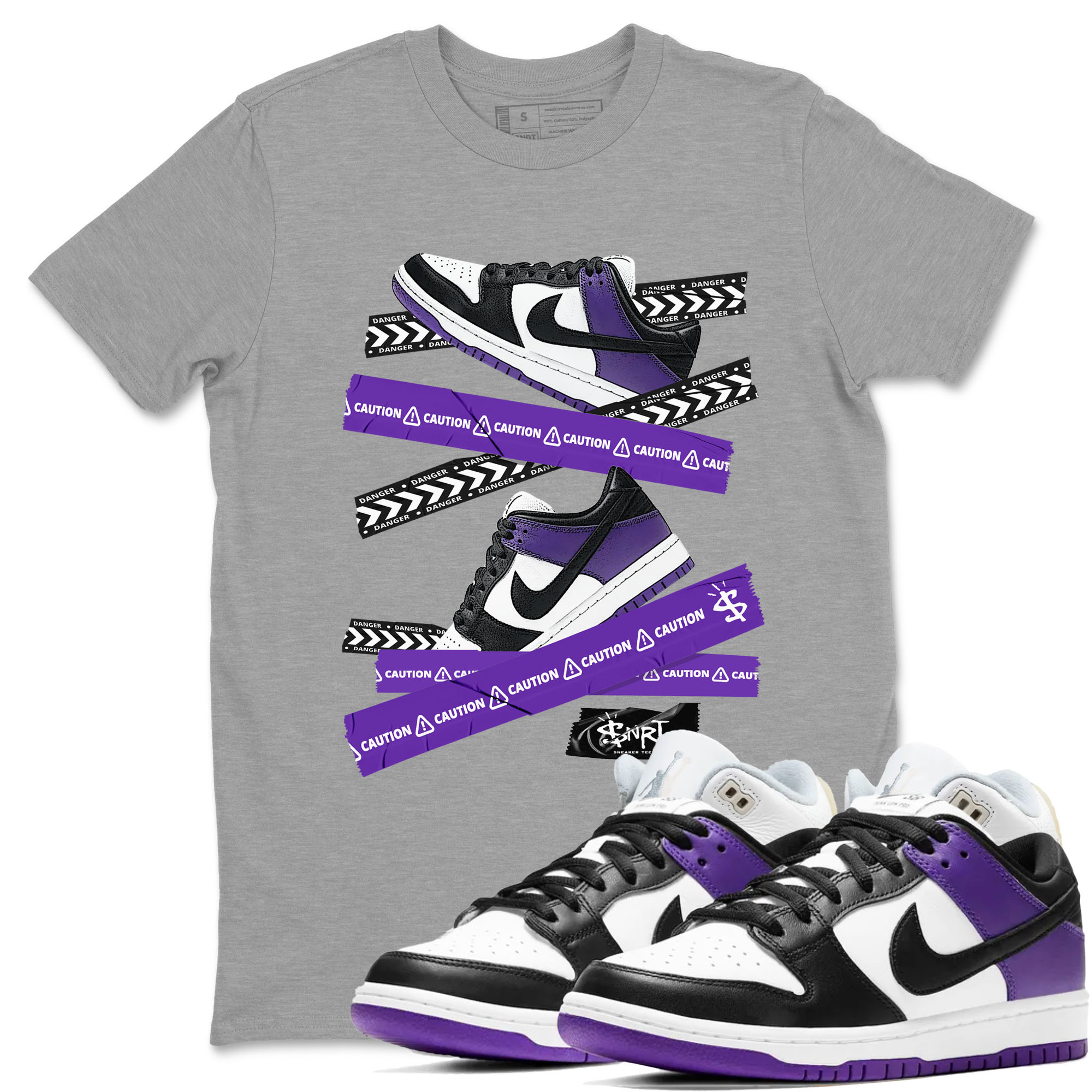 Caution Tape sneaker match tees to Court Purple Dunks street fashion brand for shirts to match Jordans Drip Gear Zone Dunk Low Court Purple unisex t-shirt Heather Grey 1 unisex shirt