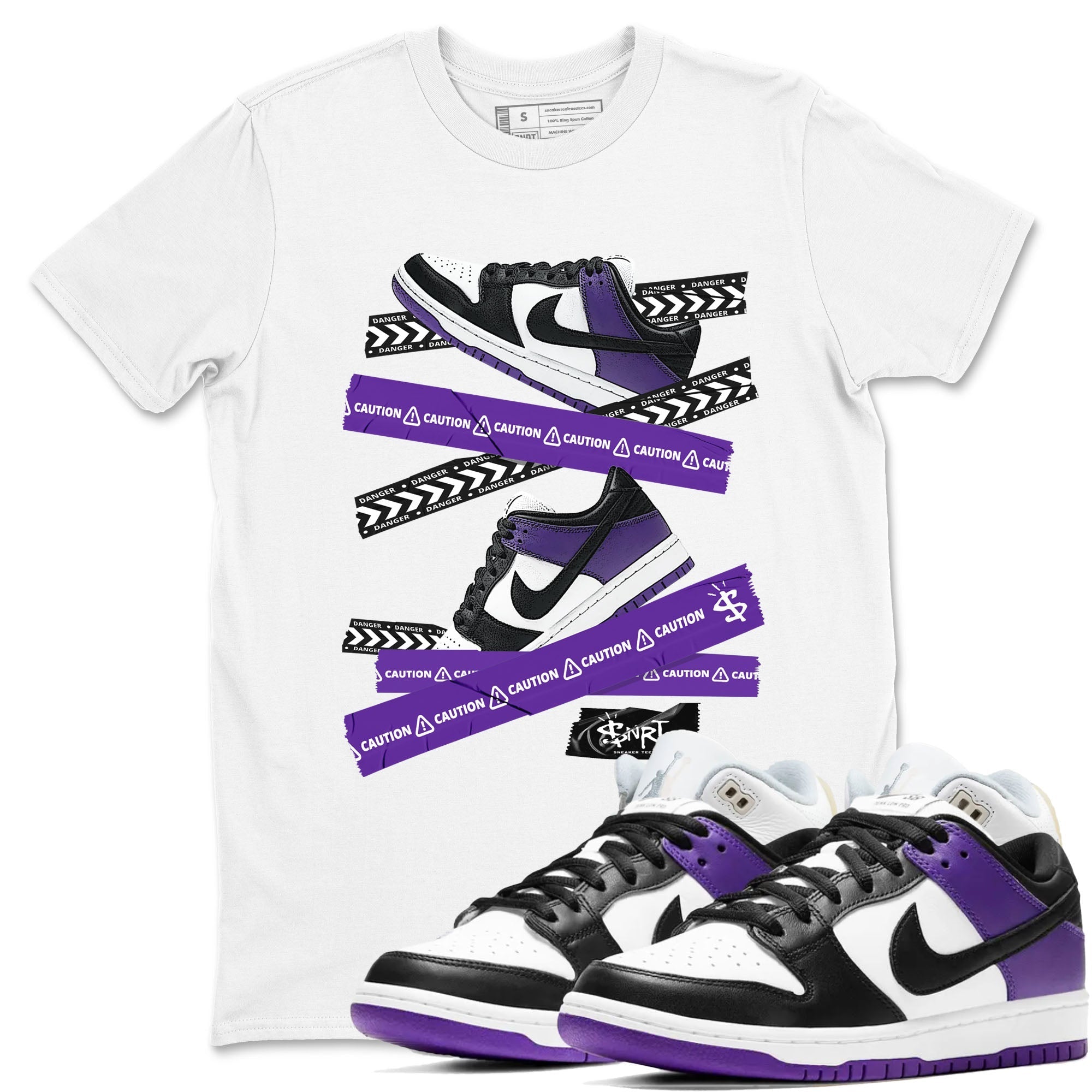 Caution Tape sneaker match tees to Court Purple Dunks street fashion brand for shirts to match Jordans Drip Gear Zone Dunk Low Court Purple unisex t-shirt White 1 unisex shirt