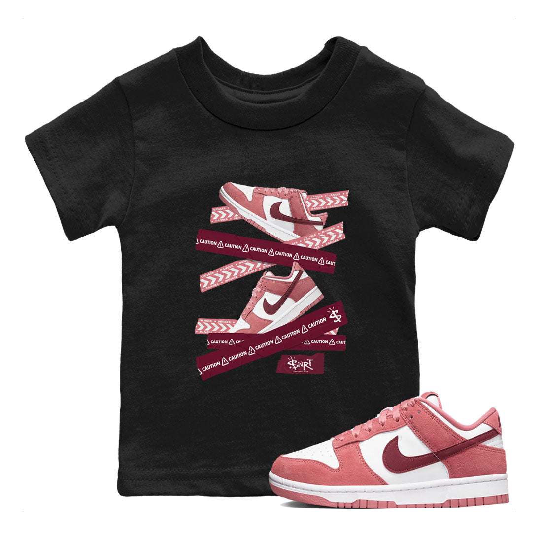 Dunk Valentine's Day shirt to match jordans Caution Tape sneaker tees Dunks Valentine's Day Drip Gear Zone baby toddler Black 1 cotton Shirt