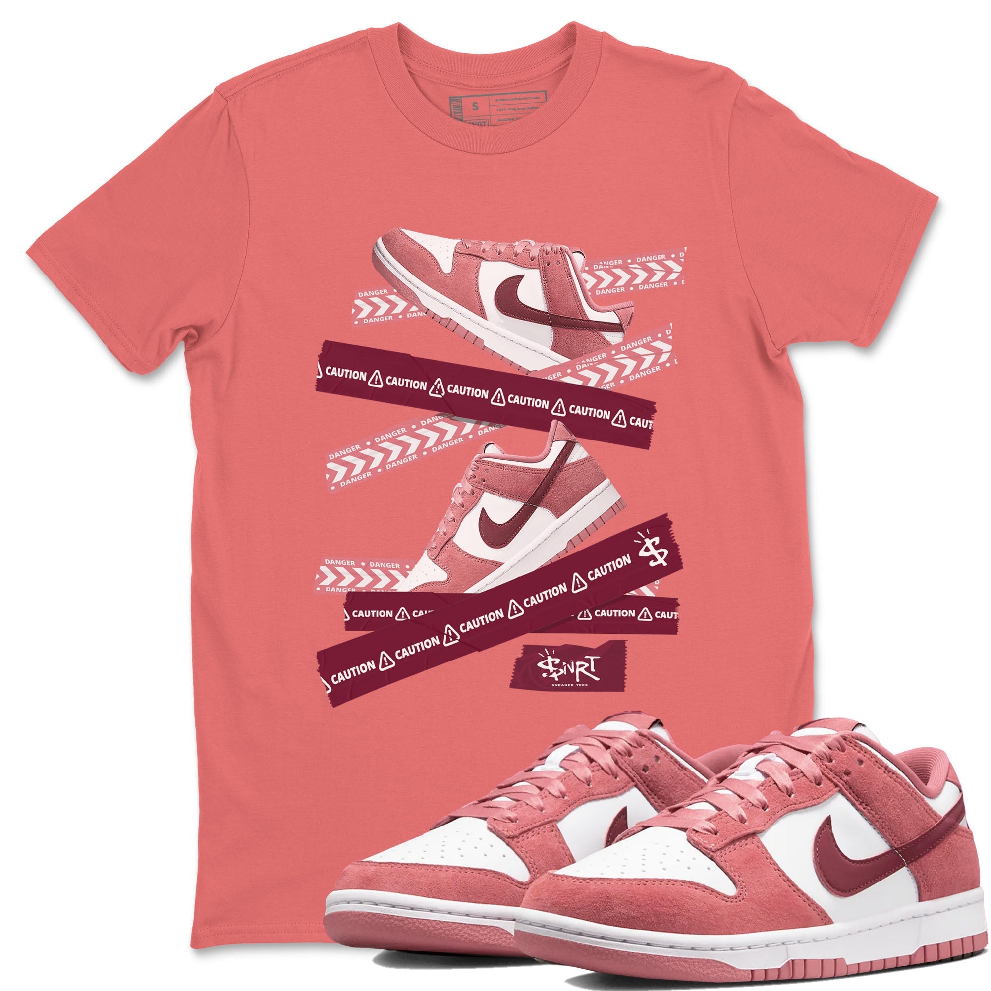 Dunk Valentine's Day shirt to match jordans Caution Tape sneaker tees Dunks Valentine's Day Drip Gear Zone unisex cotton Coral 1 crew neck shirt