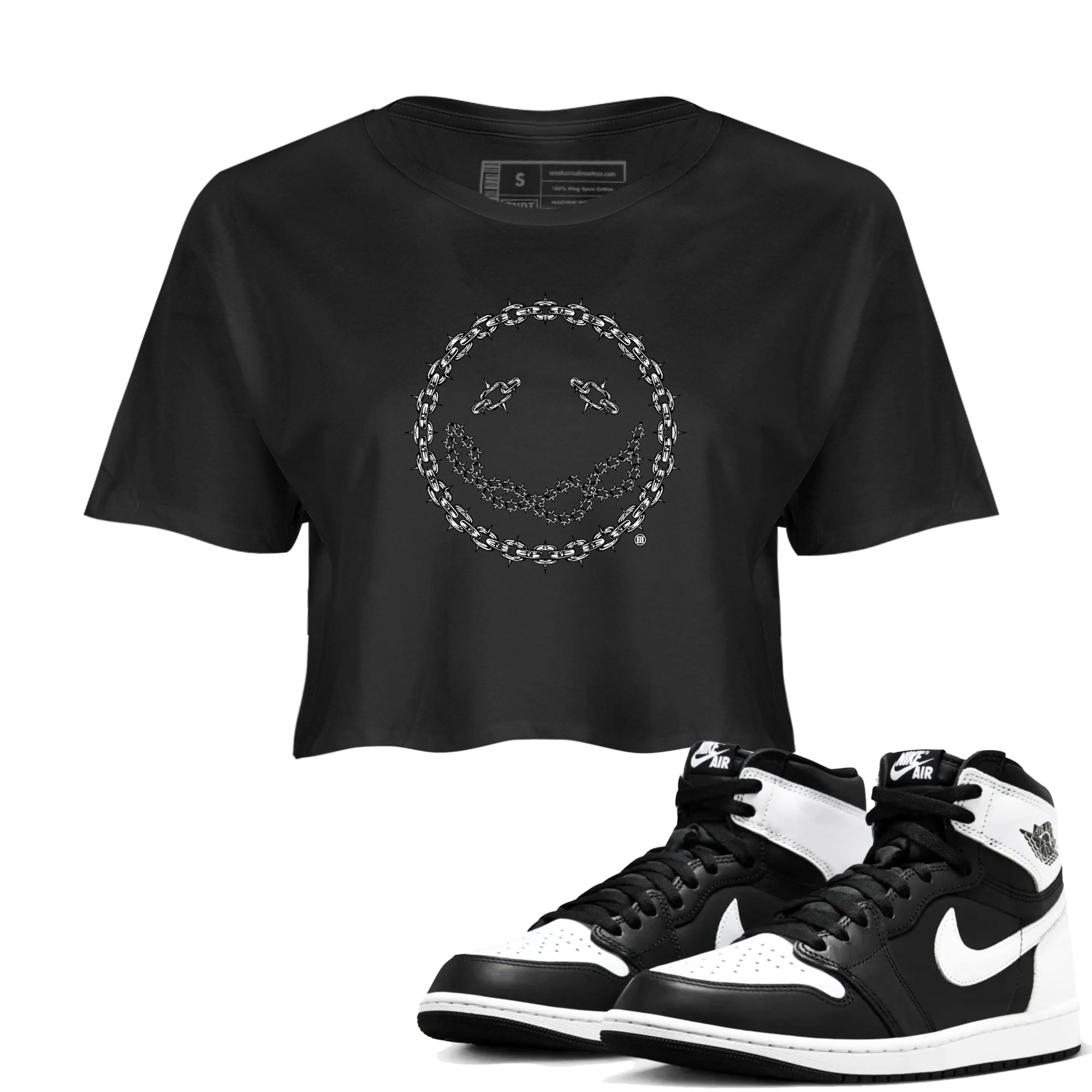 Air Jordan 1 panda shirt to match jordans Chain Smile sneaker tees 1s Black White Drip Gear Zone Streetwear Black 1 crop length shirt
