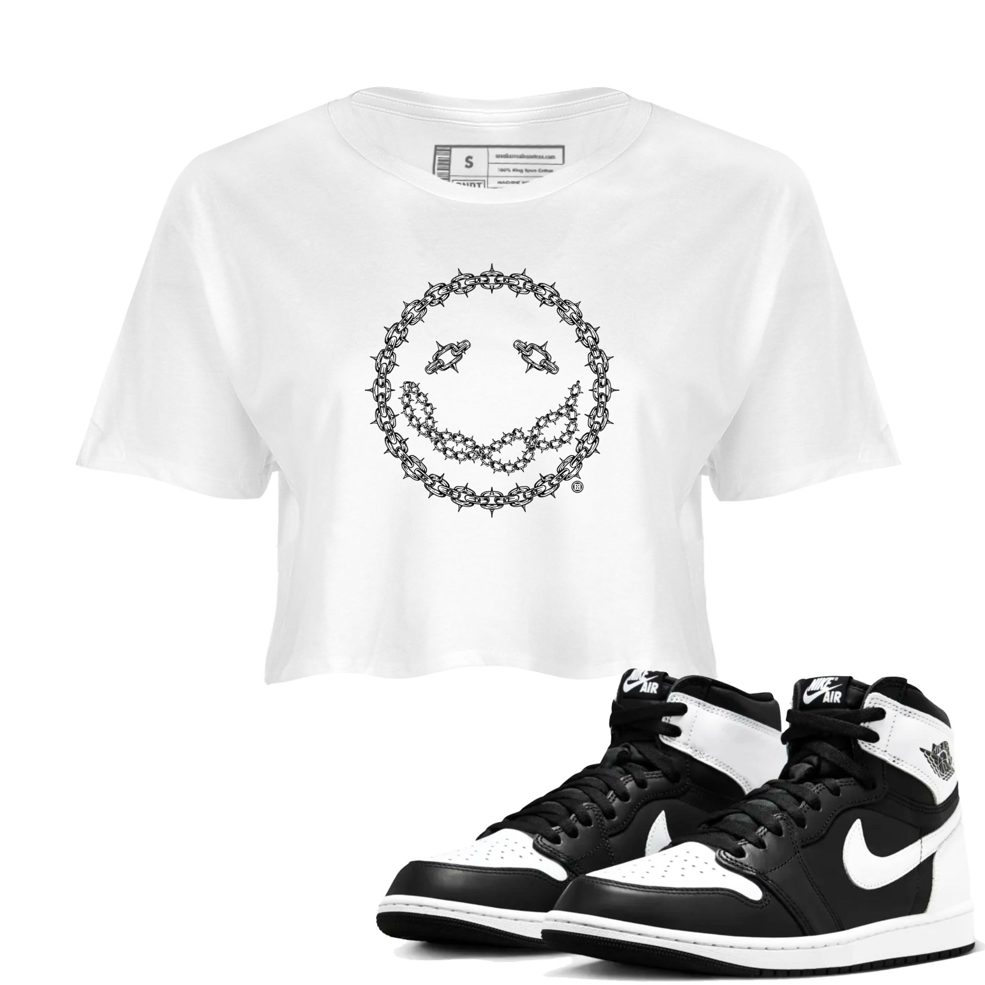 Air Jordan 1 panda shirt to match jordans Chain Smile sneaker tees 1s Black White Drip Gear Zone Streetwear White 1 crop length shirt