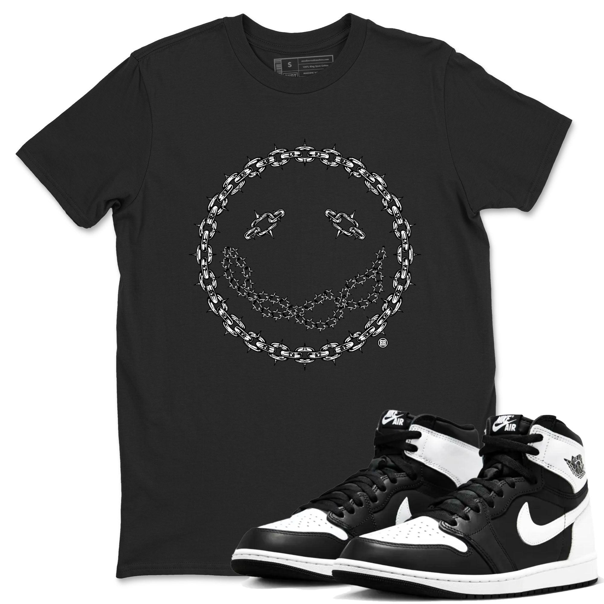 Air Jordan 1 panda shirt to match jordans Chain Smile sneaker tees 1s Black White Drip Gear Zone Streetwear unisex cotton Black 1 crew neck shirt
