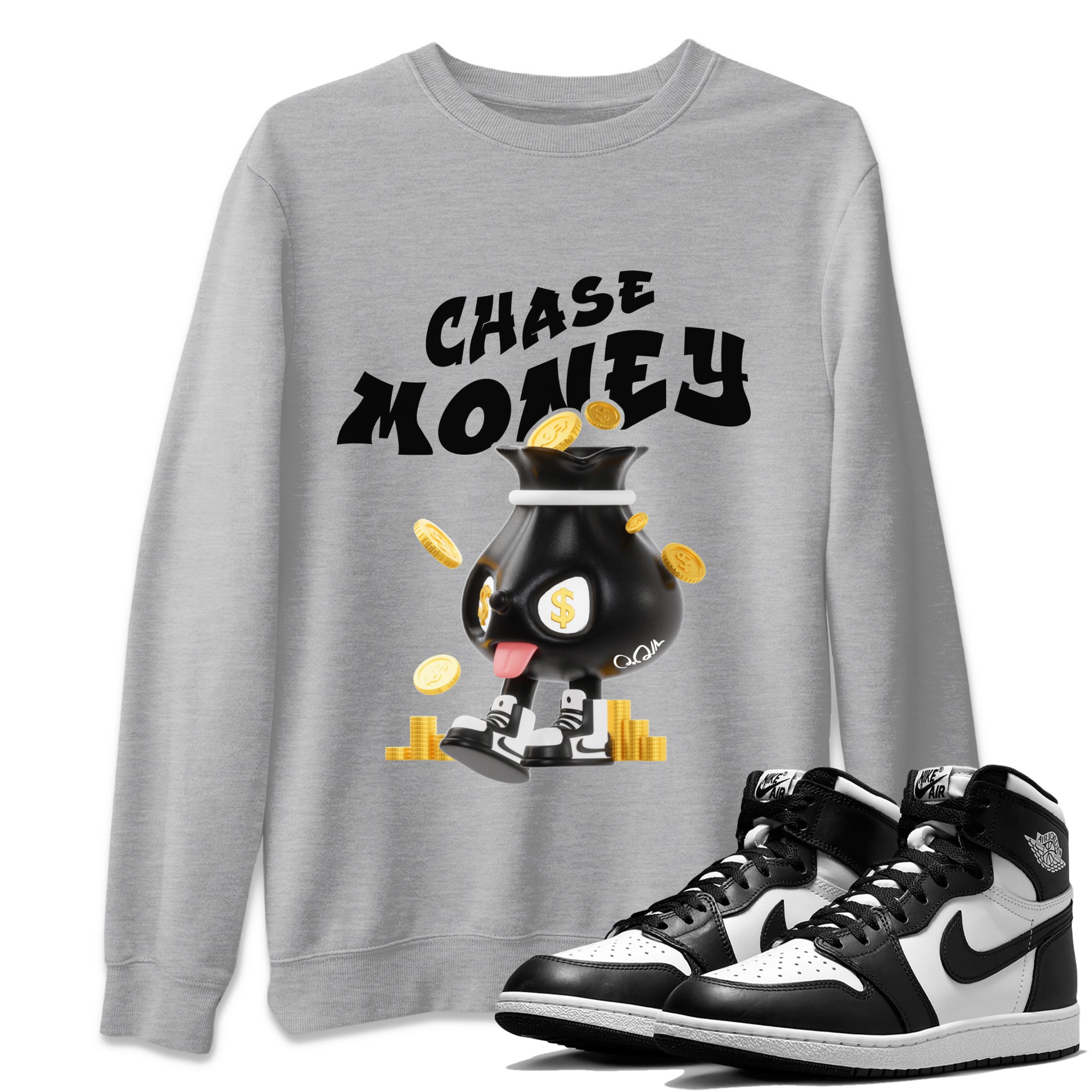 Air Jordan 1 Black White shirt to match jordans Chase Money Streetwear Sneaker Shirt AJ1 Panda Drip Gear Zone Sneaker Matching Clothing Unisex Heather Grey 1 T-Shirt