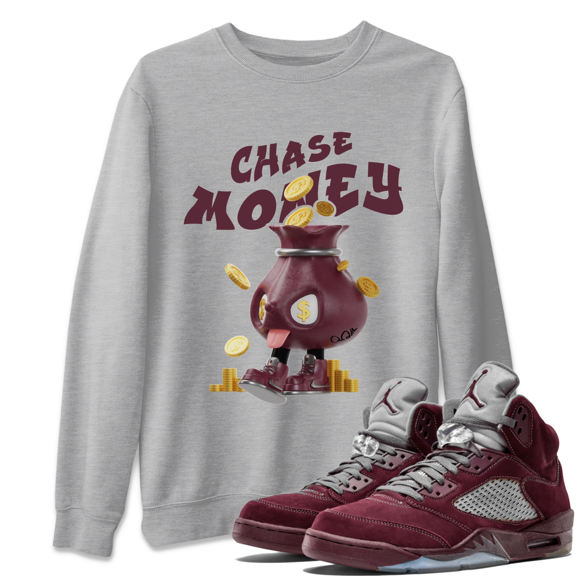 Air Jordan 5 Burgundy shirt to match jordans Chase Money Streetwear Sneaker Shirt AJ5 Burgundy Drip Gear Zone Sneaker Matching Clothing Unisex Heather Grey 1 T-Shirt