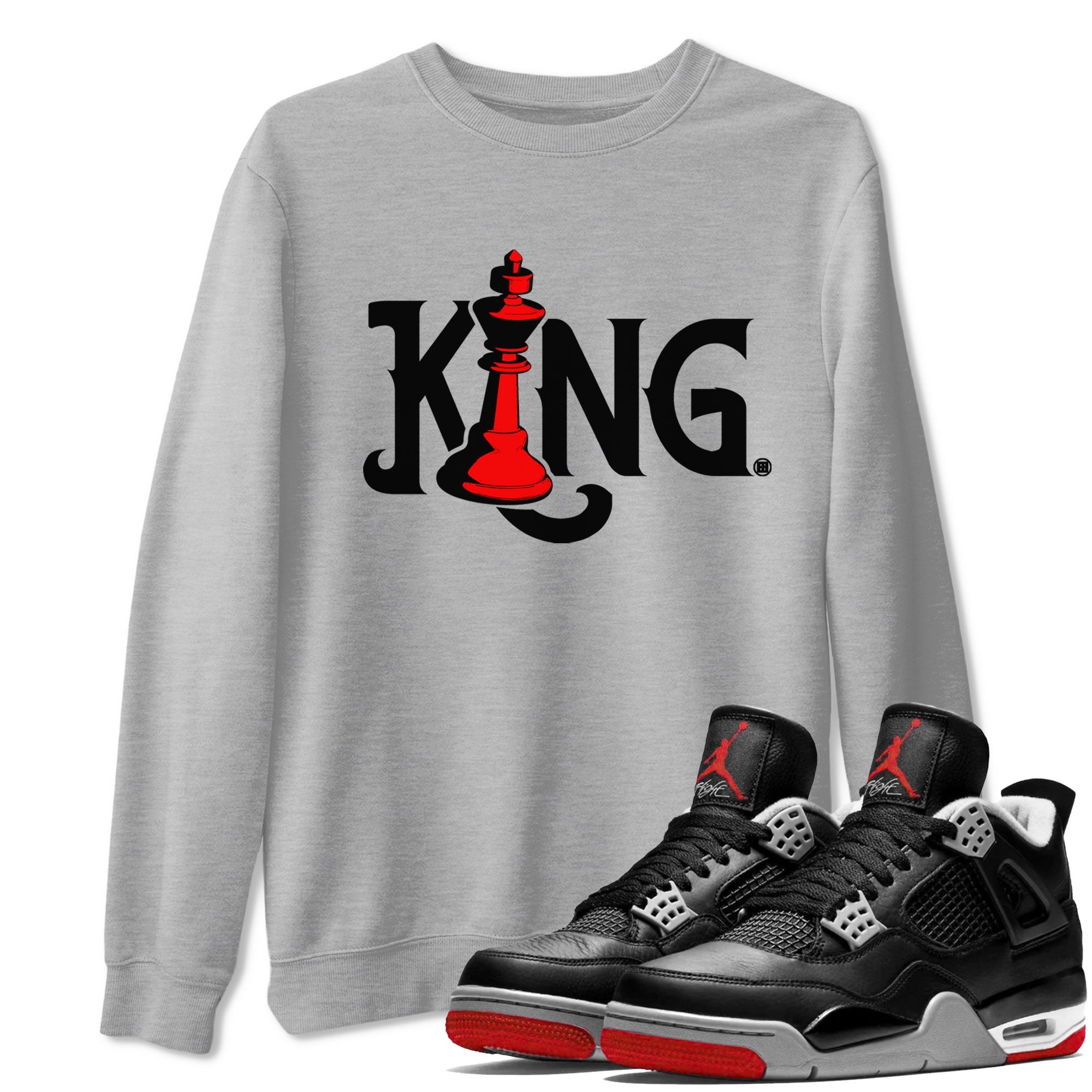 Air Jordan 4 Bred Reimagined shirt to match jordans Chess King sneaker shirts AJ4 Bred Reimagined Drip Gear Zone unisex crew neck cotton Heather Grey 1 crew neck shirt