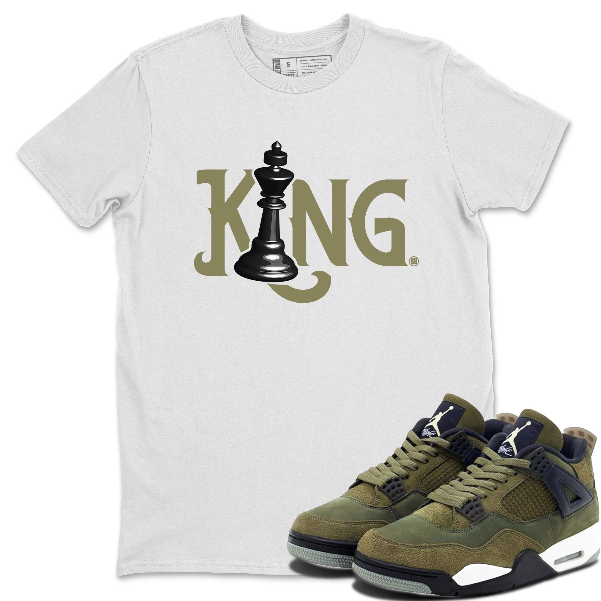 Air Jordan 4 Medium Olive shirt to match jordans streetwear brand Chess King sneaker tees 4s Medium Olive Drip Gear Zone Unisex Streetwear Clothing White 1 T-Shirt