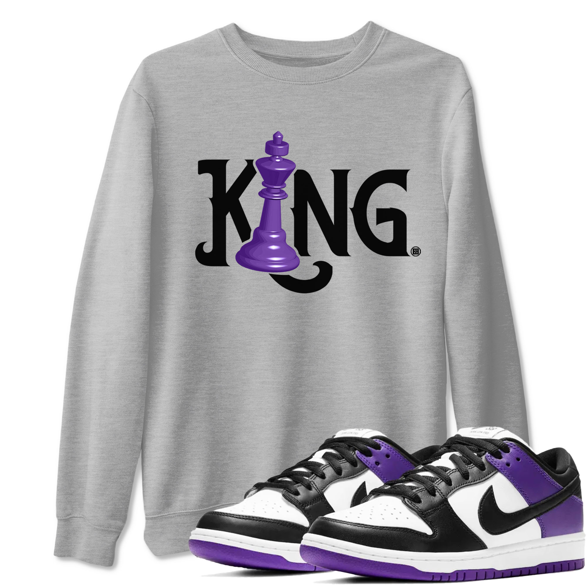 Nike SB Dunk Low Court Purple Shirt To Match Jordans Chess King Streetwear Fashion Dunk Low Court Purple Drip Gear Zone unisex crew neck t-shirt Heather Grey 1 crew neck shirt