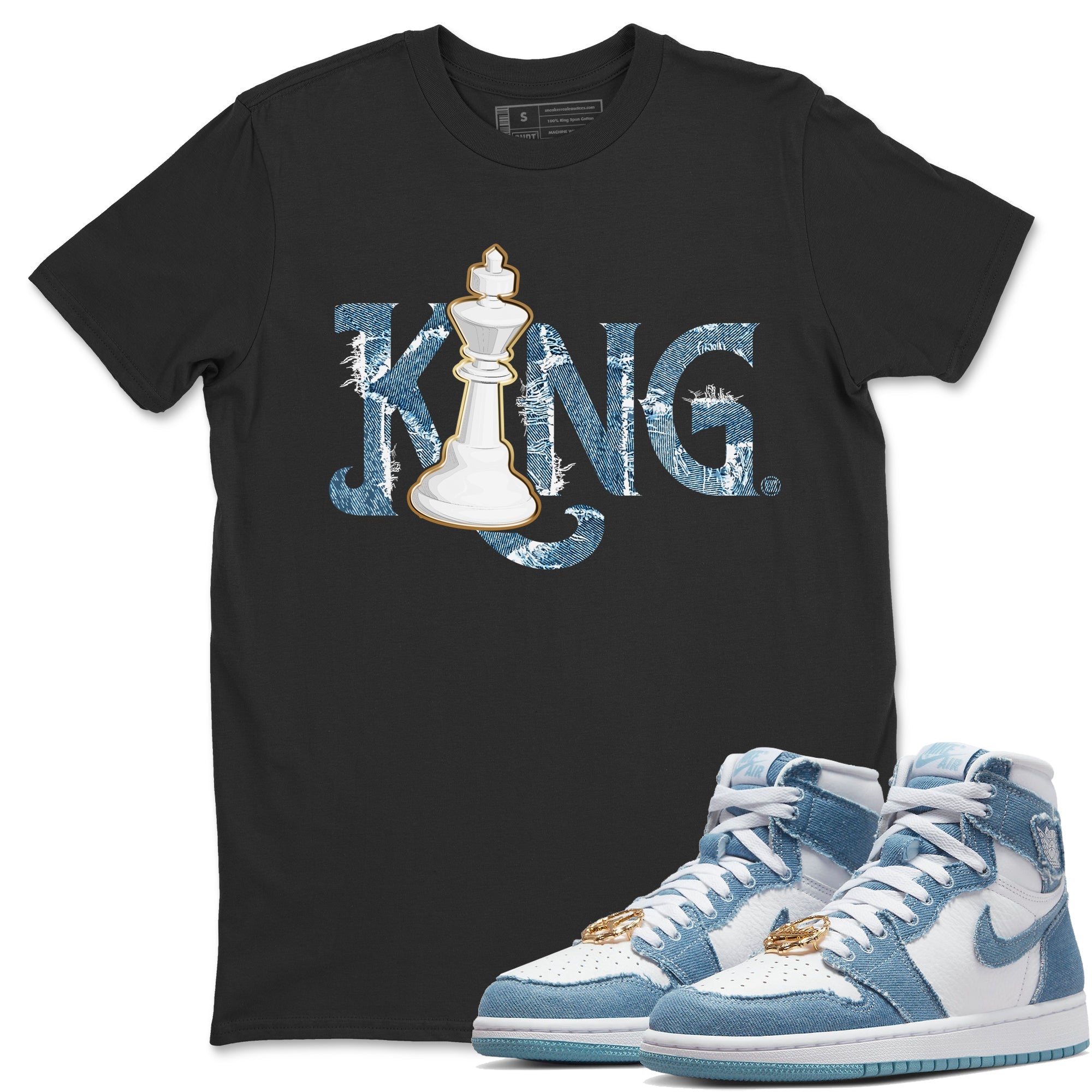 Jordan 1 Denim Sneaker Matching T-Shirt Chess King Sneaker Tees Jordan 1 Denim Sneaker Release Tees Crew Neck Tees